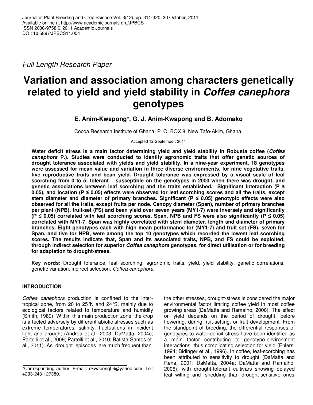 Variation and Association Among Characters Genetically Related to Yield and Yield Stability in Coffea Canephora Genotypes