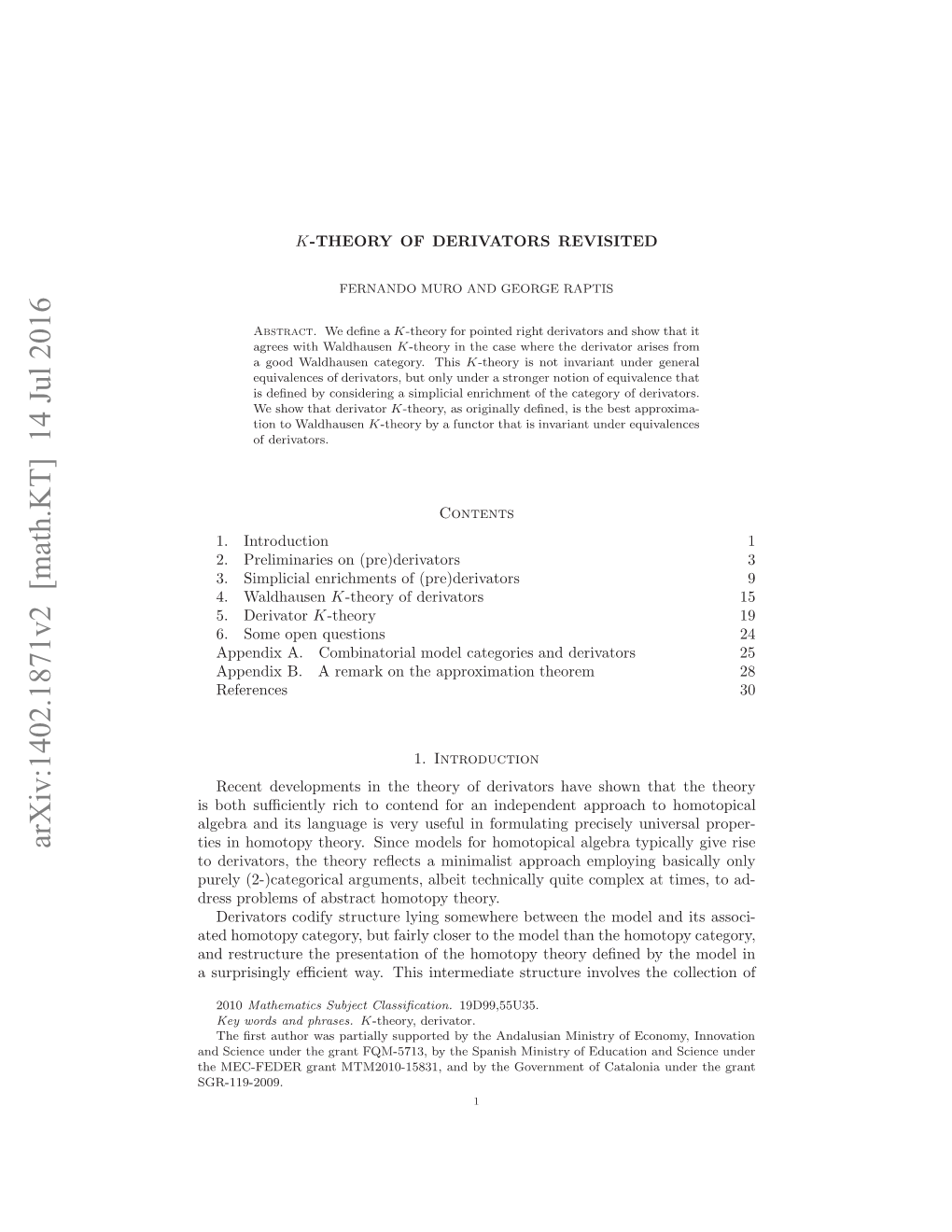 Arxiv:1402.1871V2 [Math.KT] 14 Jul 2016 Rs Rbeso Btathmtp Theory