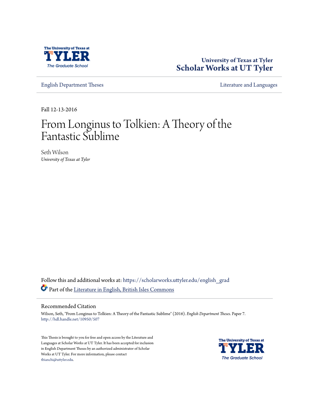 From Longinus to Tolkien: a Theory of the Fantastic Sublime Seth Wilson University of Texas at Tyler