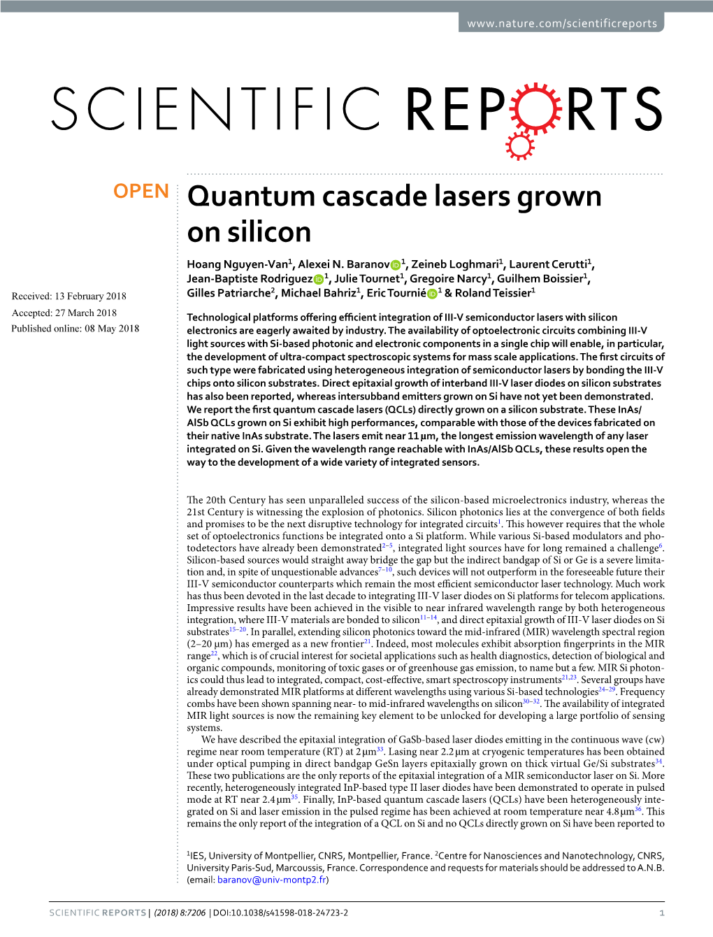 Quantum Cascade Lasers Grown on Silicon Hoang Nguyen-Van1, Alexei N