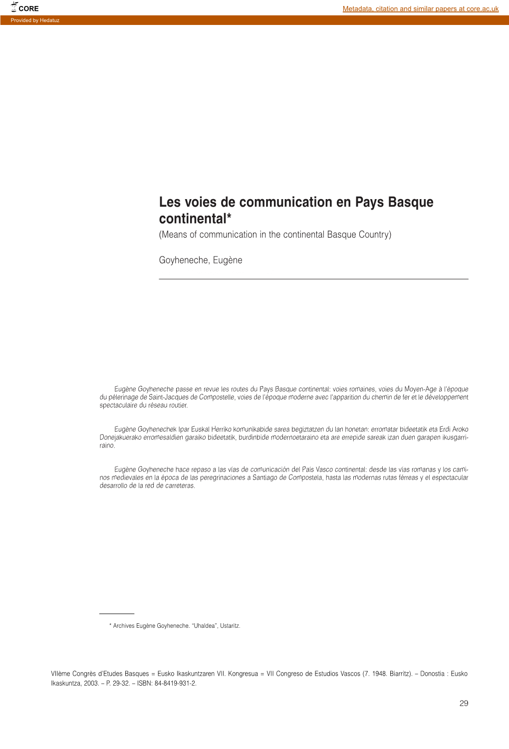 Les Voies De Communication En Pays Basque Continental. IN