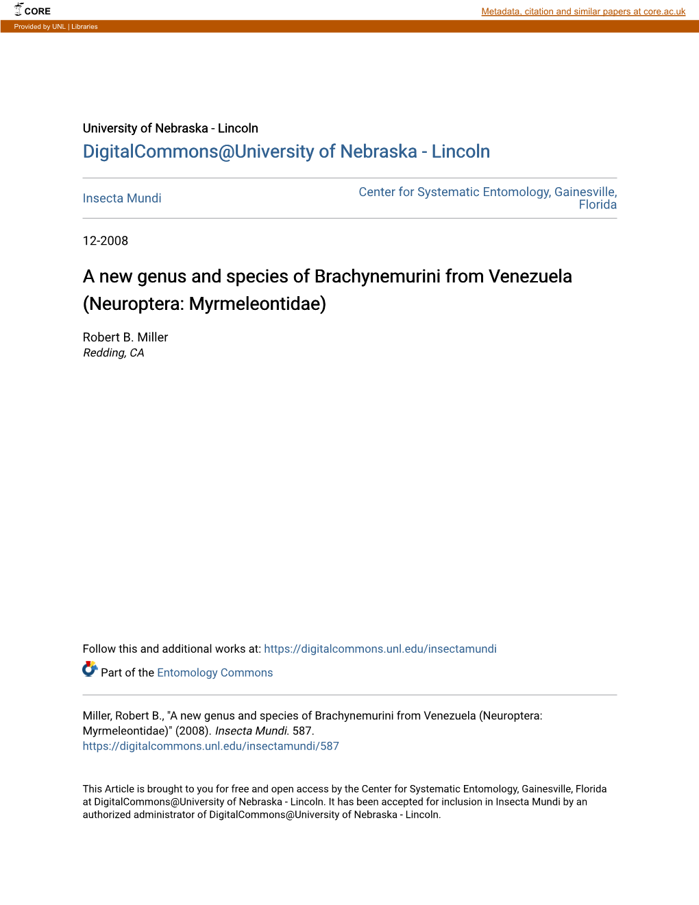 A New Genus and Species of Brachynemurini from Venezuela (Neuroptera: Myrmeleontidae)