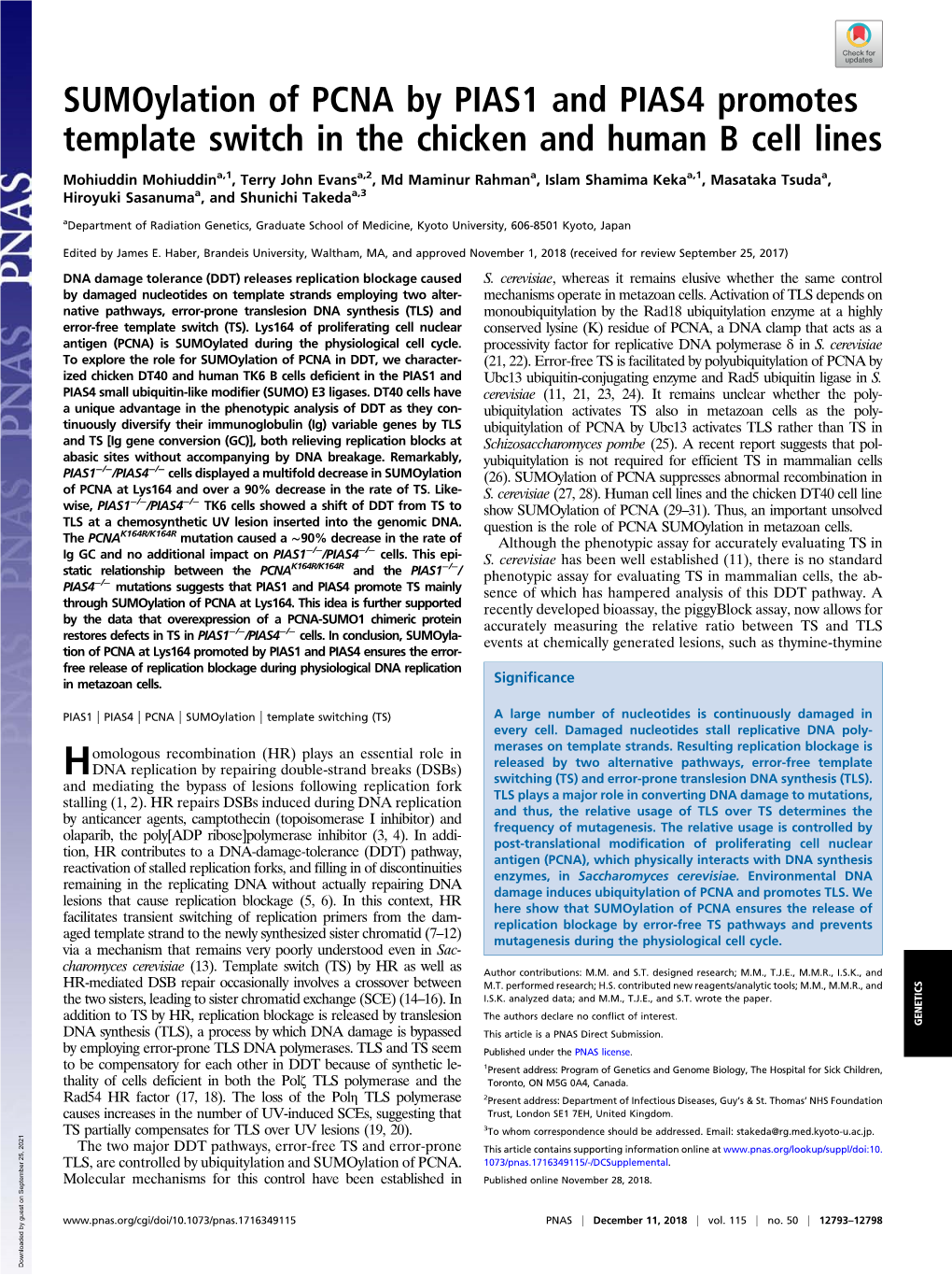 Sumoylation of PCNA by PIAS1 and PIAS4 Promotes Template Switch in the Chicken and Human B Cell Lines