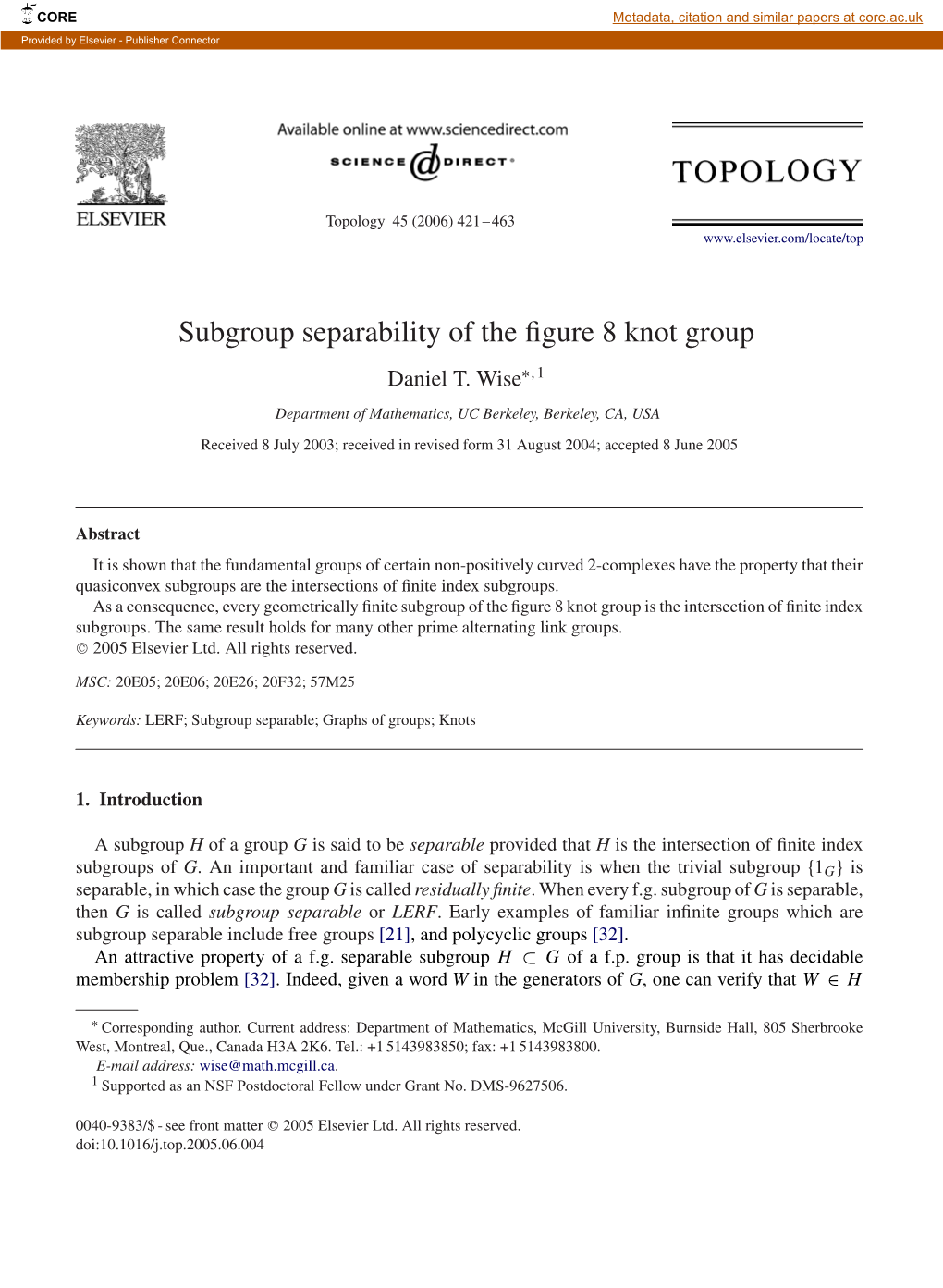 Subgroup Separability of the Figure 8 Knot Group