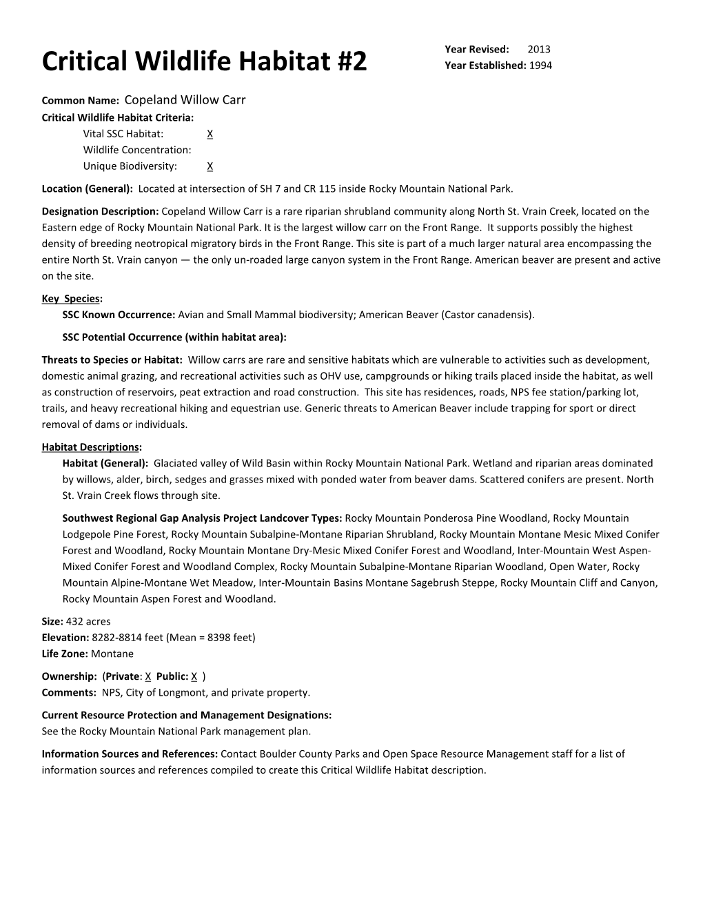 Critical Wildlife Habitat #2 Year Established: 1994