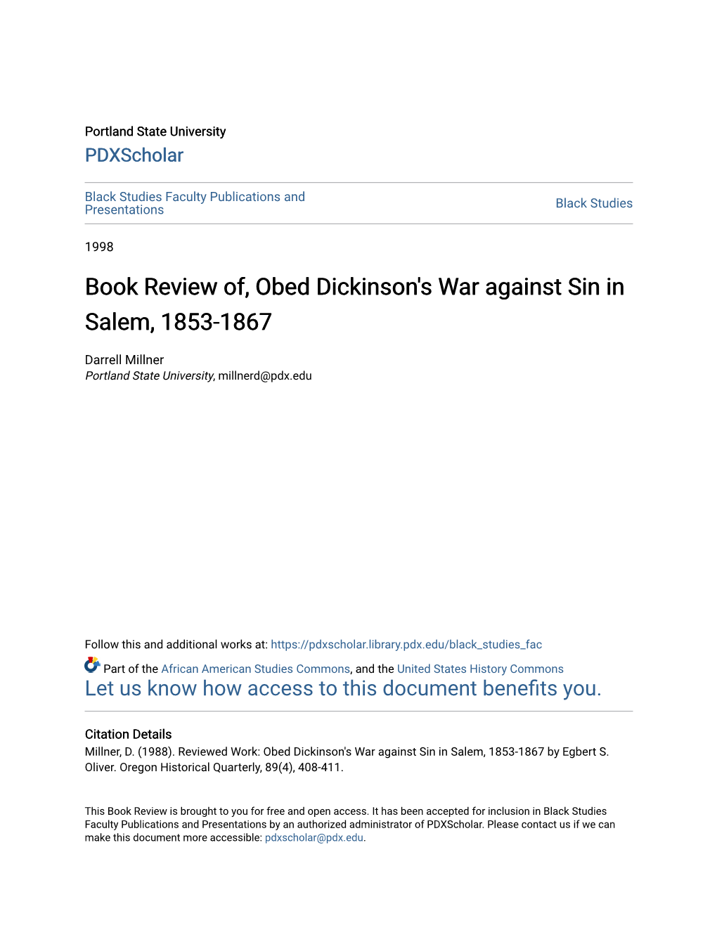 Book Review Of, Obed Dickinson's War Against Sin in Salem, 1853-1867