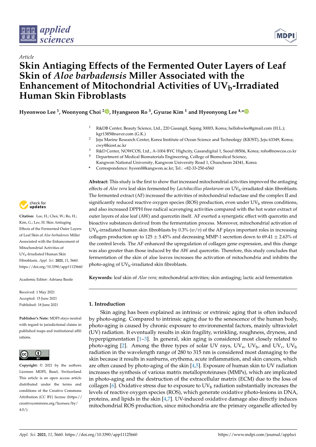 Skin Antiaging Effects of the Fermented Outer Layers of Leaf Skin of Aloe Barbadensis Miller Associated with the Enhancement Of