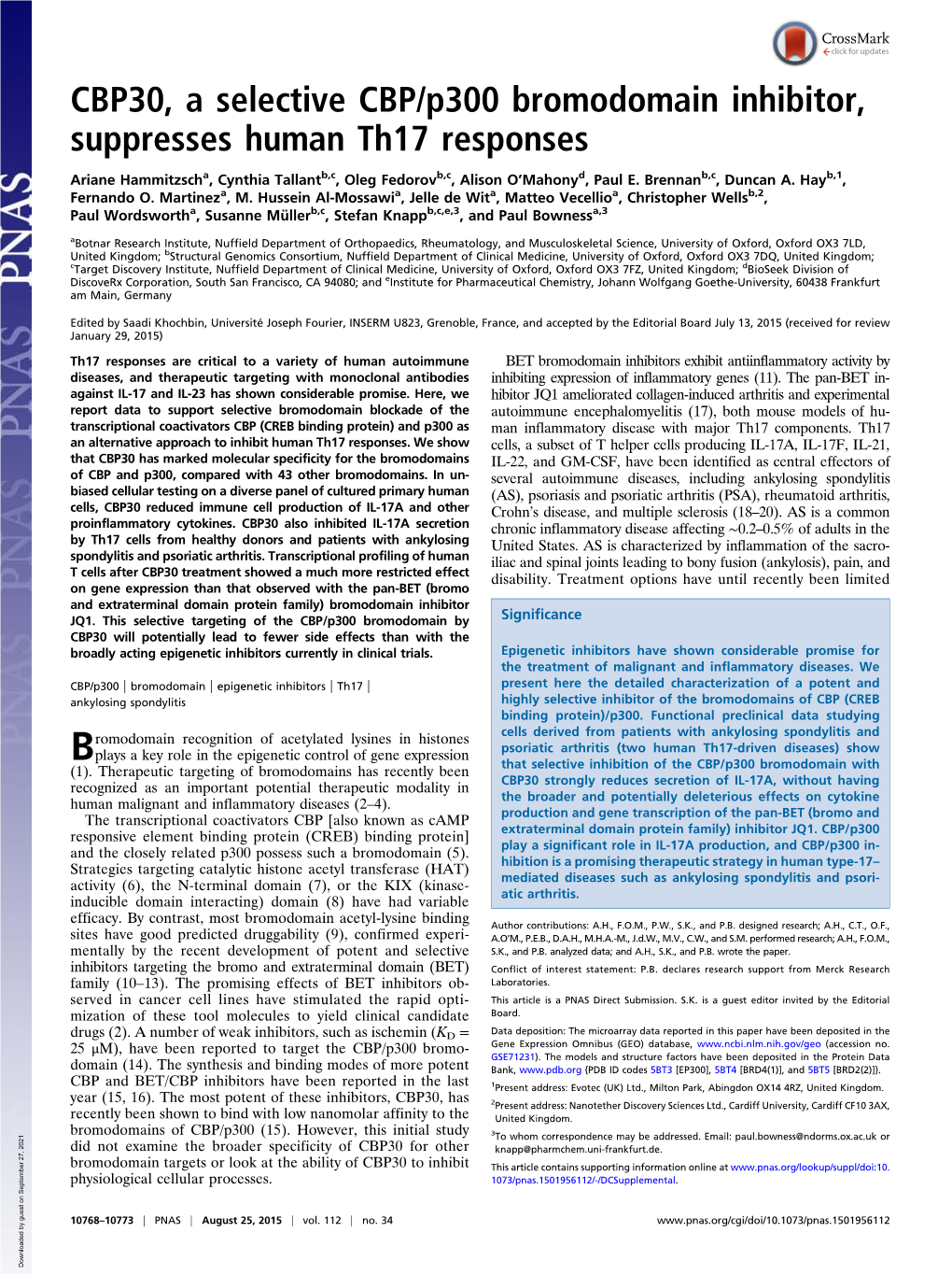 CBP30, a Selective CBP/P300 Bromodomain Inhibitor, Suppresses Human Th17 Responses