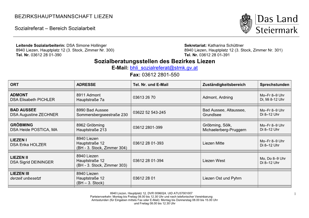 Sozialberatungsstellen Des Bezirkes Liezen E-Mail: Bhli Sozialreferat@Stmk.Gv.At Fax: 03612 2801-550