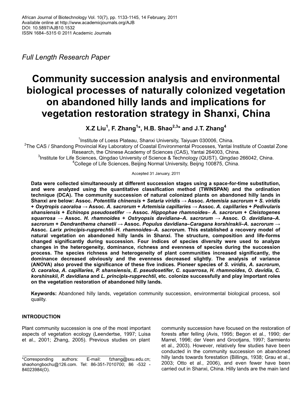 Community Succession Analysis and Environmental Biological Processes