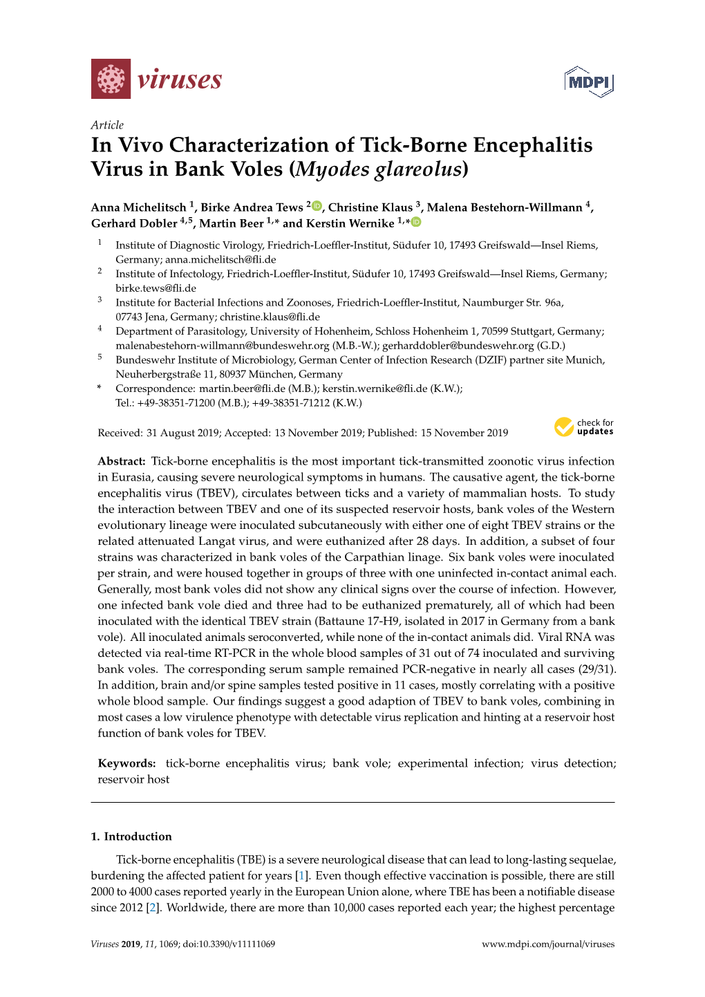 In Vivo Characterization of Tick-Borne Encephalitis Virus in Bank Voles (Myodes Glareolus)