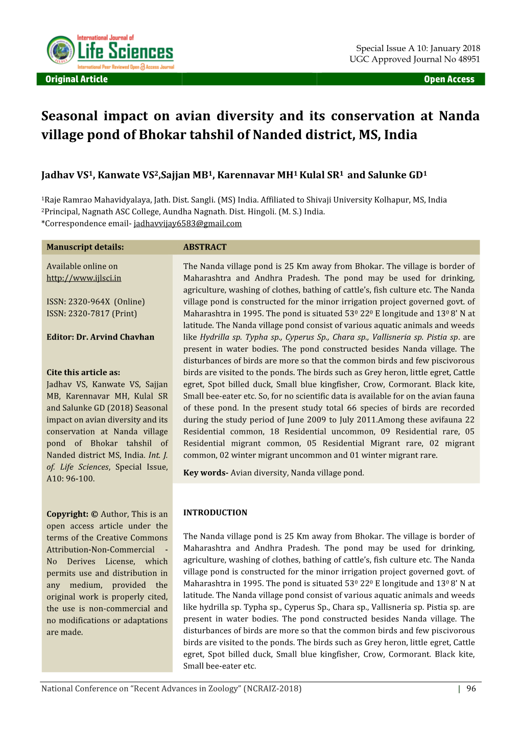 Seasonal Impact on Avian Diversity and Its Conservation at Nanda Village Pond of Bhokar Tahshil of Nanded District, MS, India