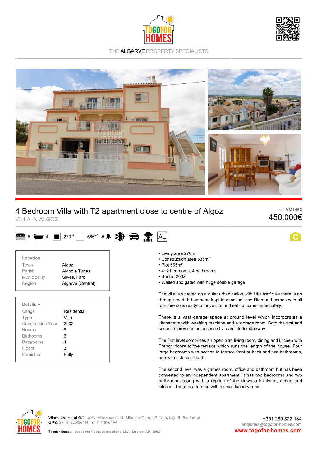 4 Bedroom Villa with T2 Apartment Close to Centre of Algoz 450.000€