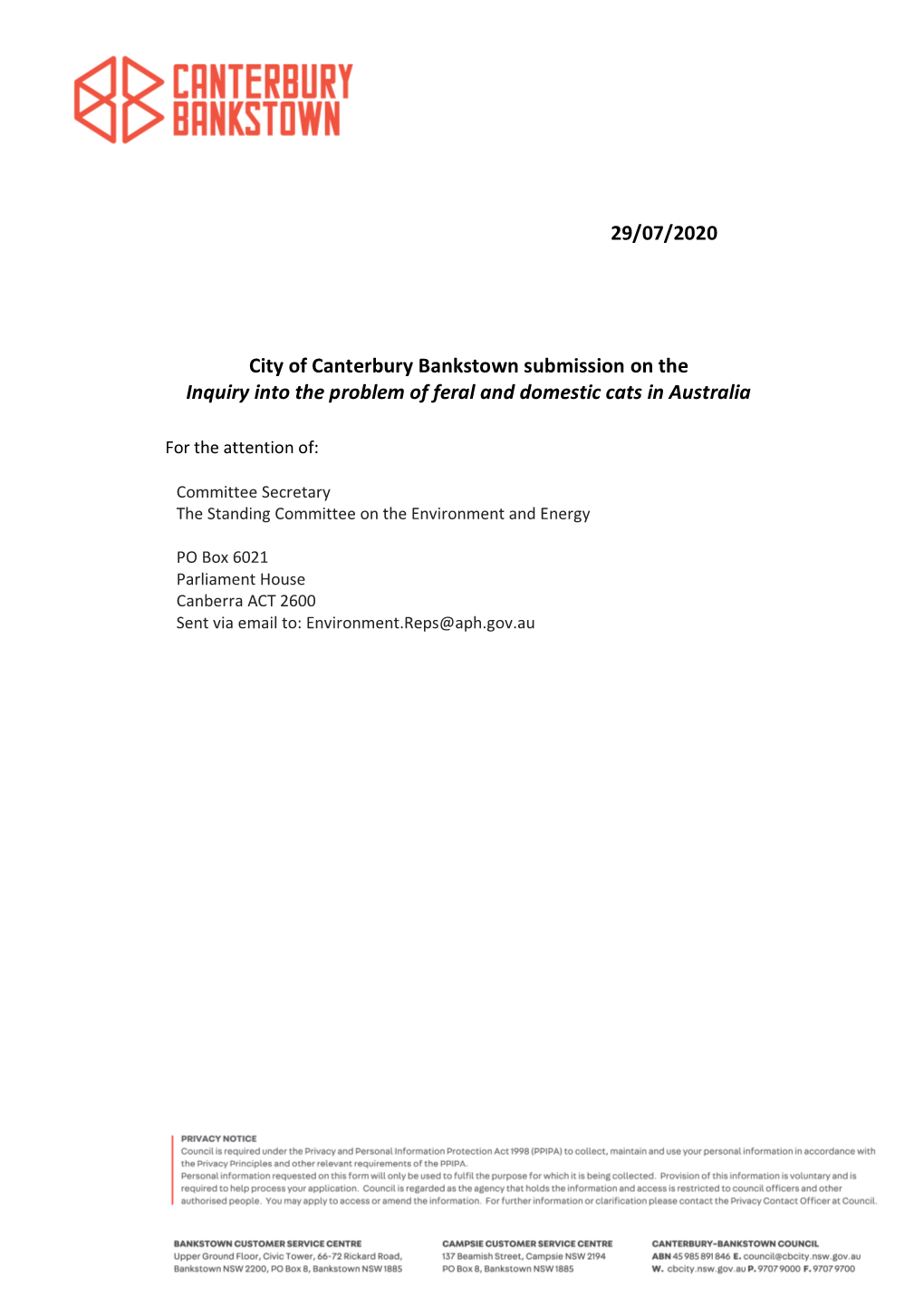 29/07/2020 City of Canterbury Bankstown Submission on the Inquiry Into the Problem of Feral and Domestic Cats in Australia