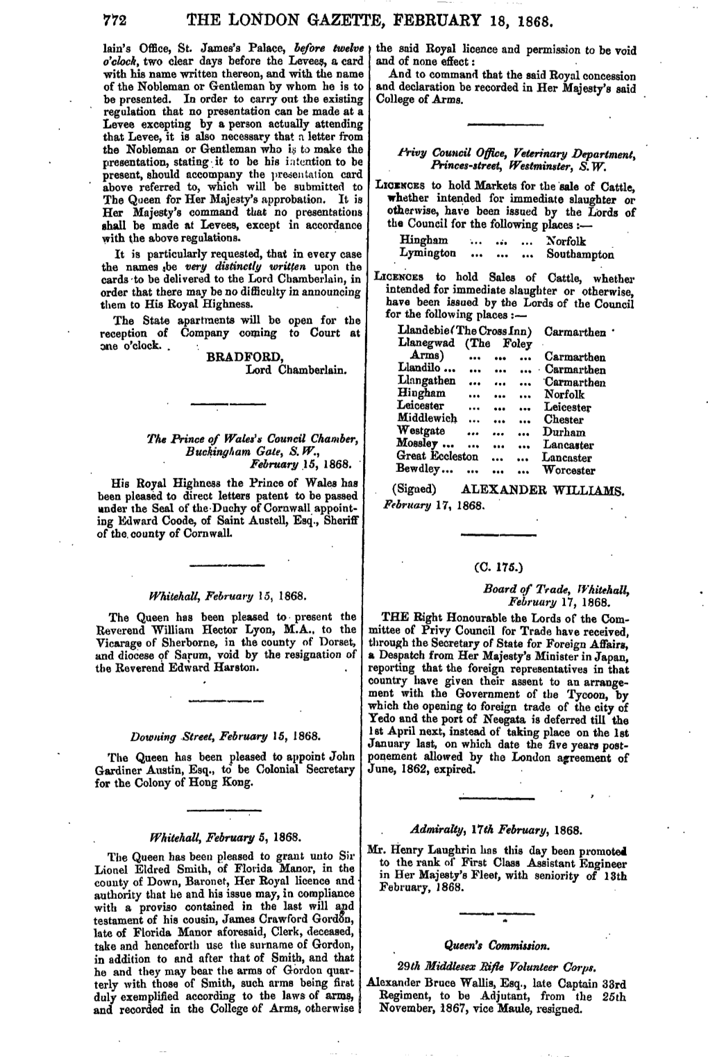 772 the London Gazette, February 18, 1868