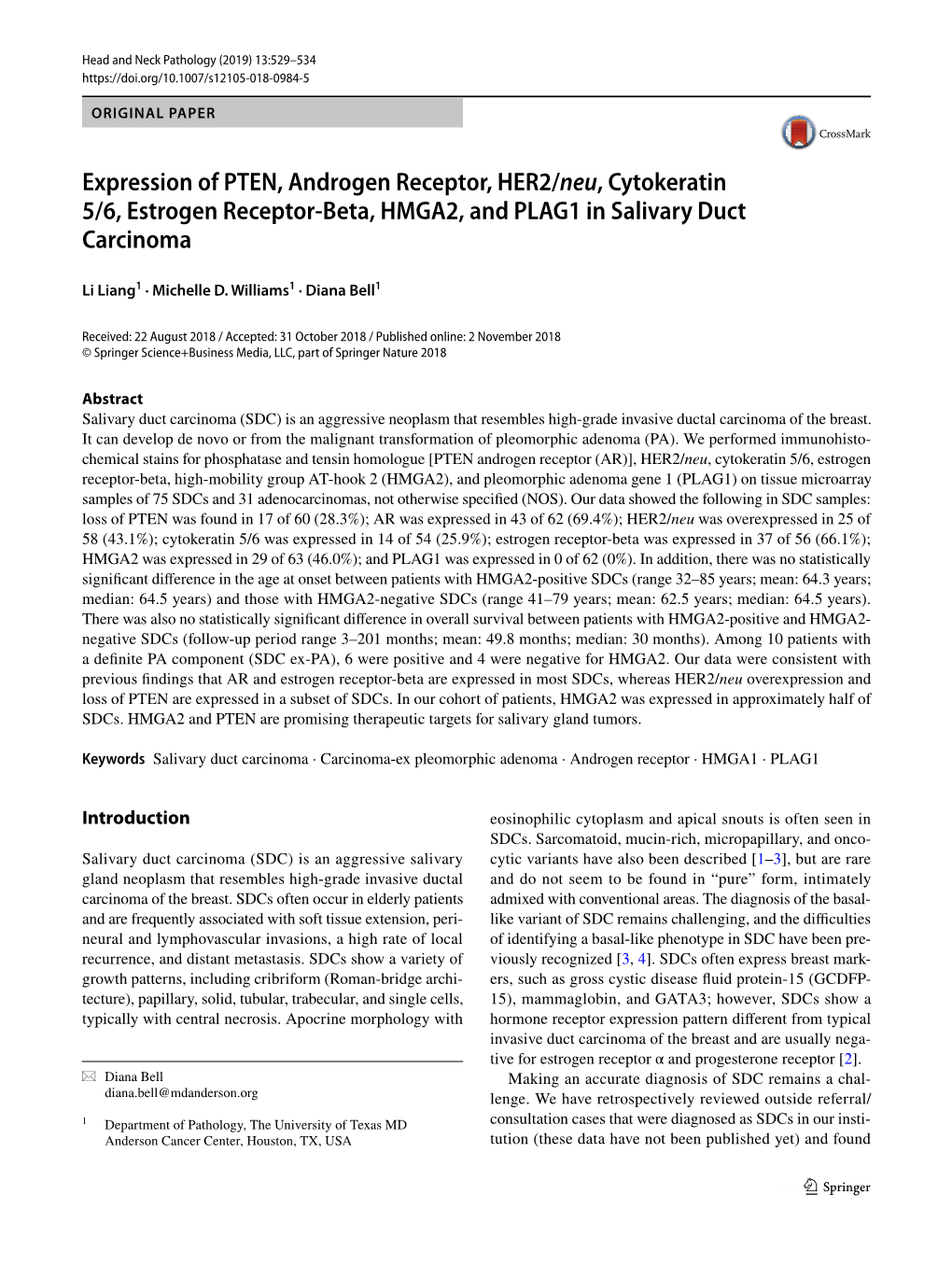 Expression of PTEN, Androgen Receptor, HER2/Neu, Cytokeratin 5/6, Estrogen Receptor-Beta, HMGA2, and PLAG1 in Salivary Duct Carcinoma