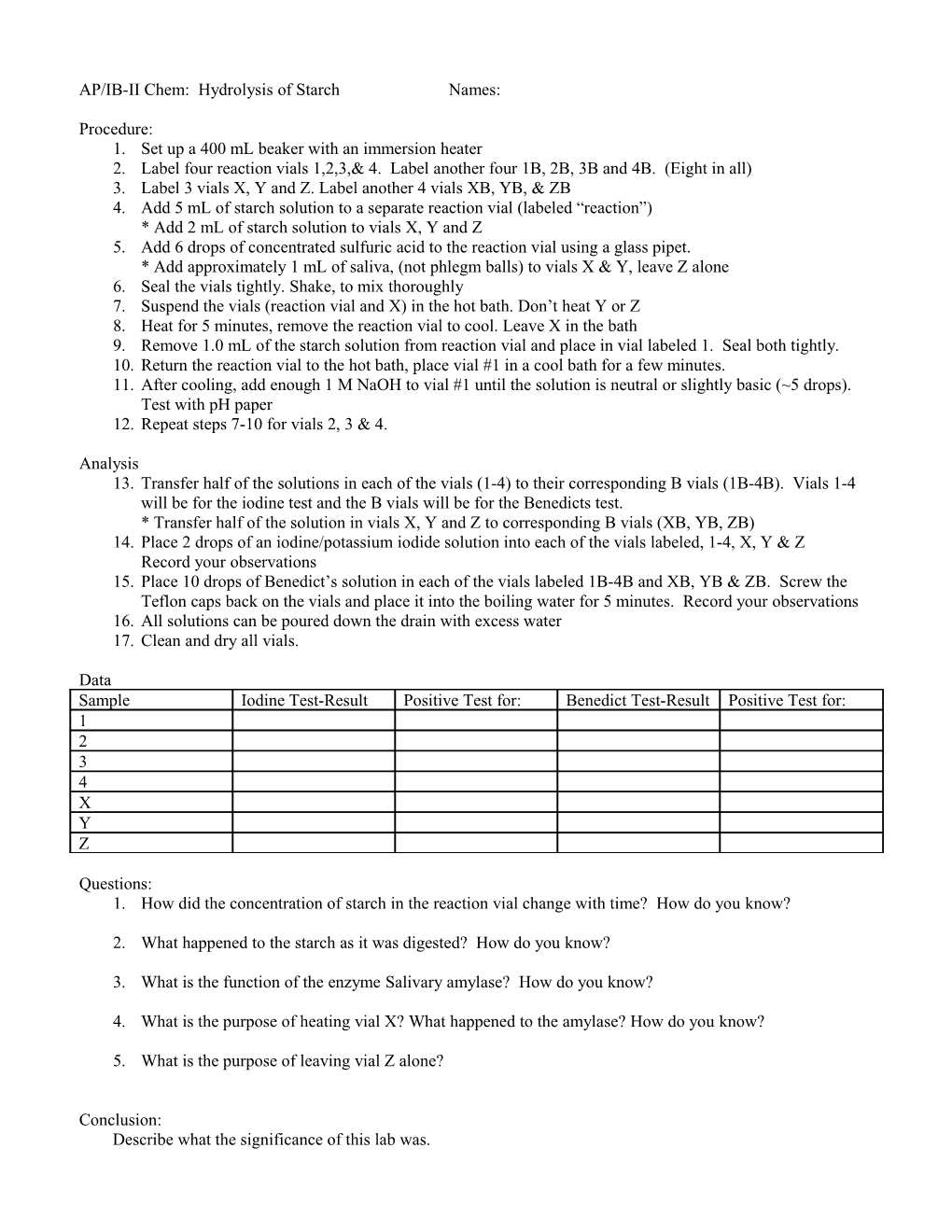 Advanced Chemistry: Hydrolysis of Starch