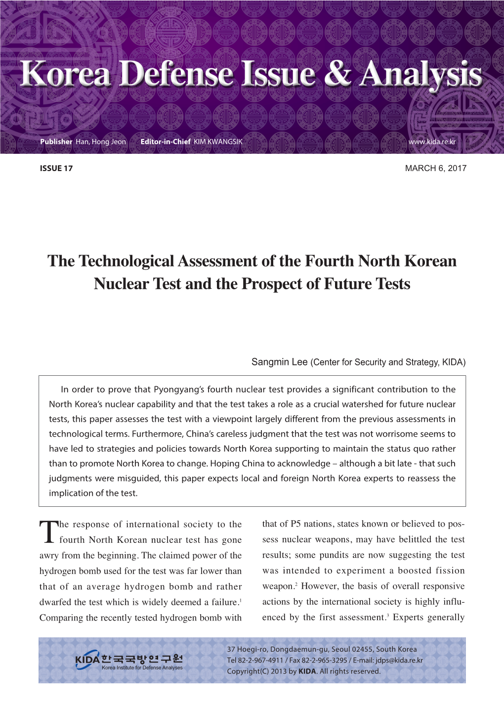 The Technological Assessment of the Fourth North Korean Nuclear Test and the Prospect of Future Tests