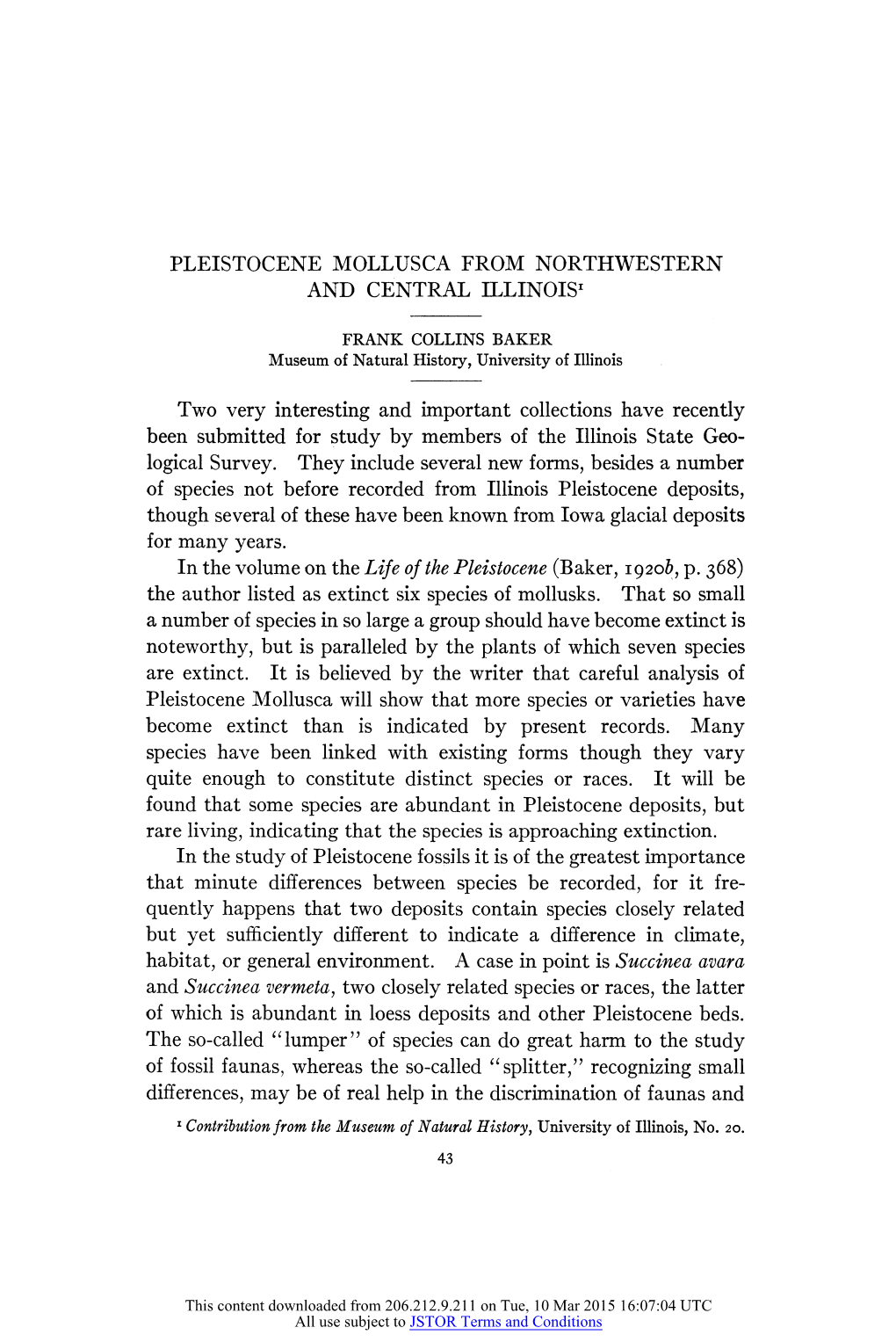 Pleistocene Mollusca from Northwestern and Central Illinois'