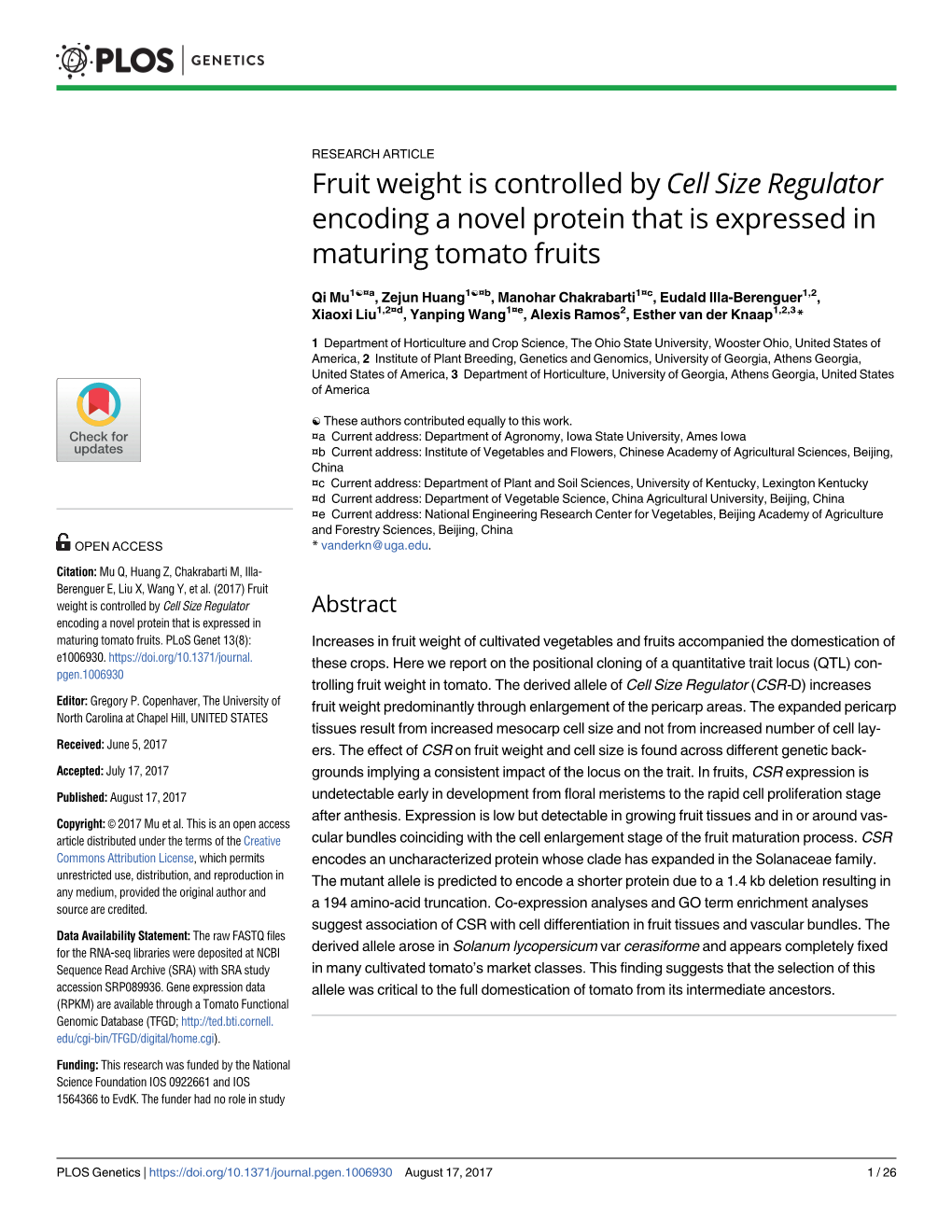Fruit Weight Is Controlled by Cell Size Regulator Encoding a Novel Protein That Is Expressed in Maturing Tomato Fruits