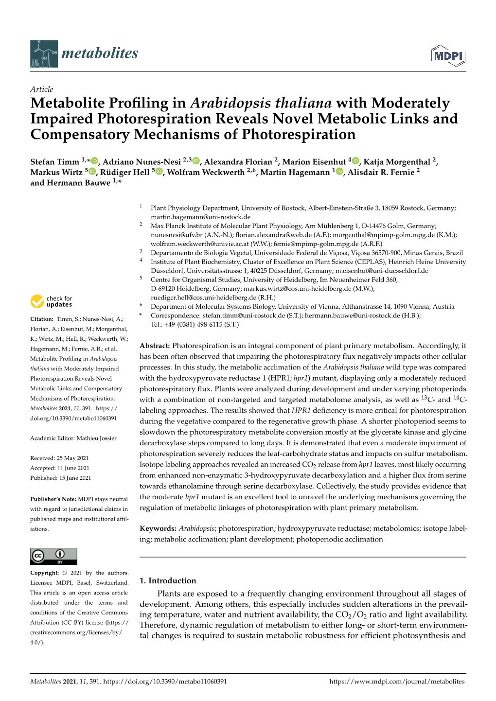 Metabolite Profiling in Arabidopsis Thaliana with Moderately Impaired