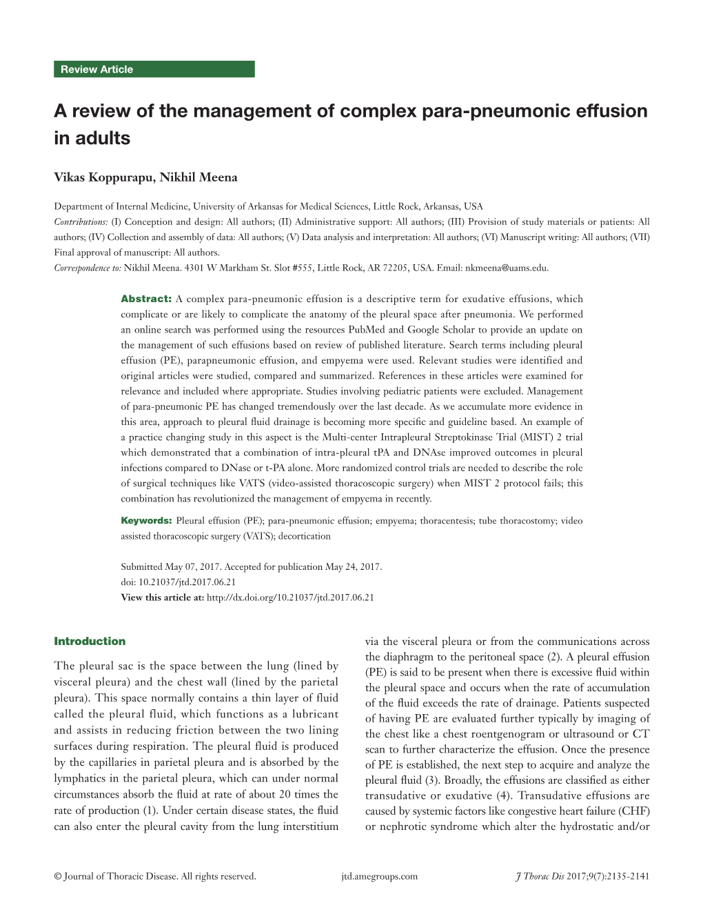 A Review of the Management of Complex Para-Pneumonic Effusion in Adults