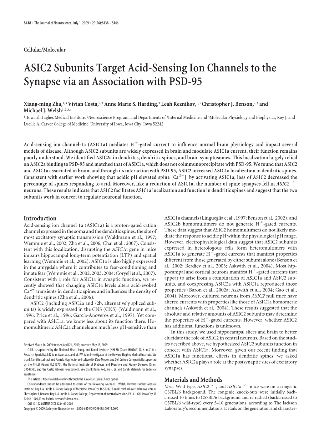 ASIC2 Subunits Target Acid-Sensing Ion Channels to the Synapse Via an Association with PSD-95
