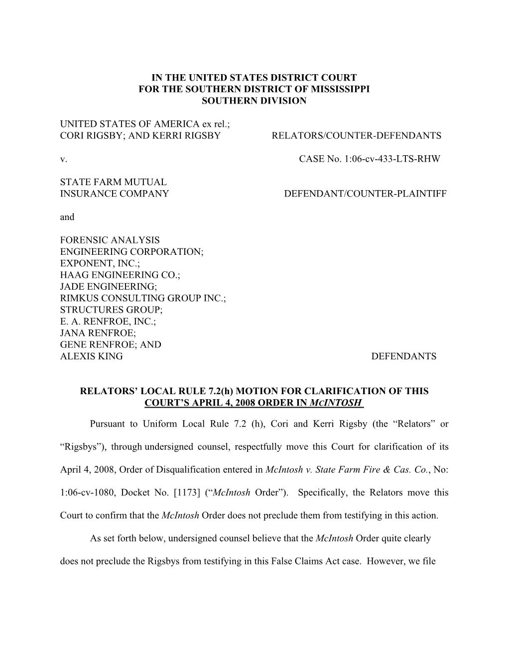 Motion for Clarification of This Court’S April 4, 2008 Order in Mcintosh