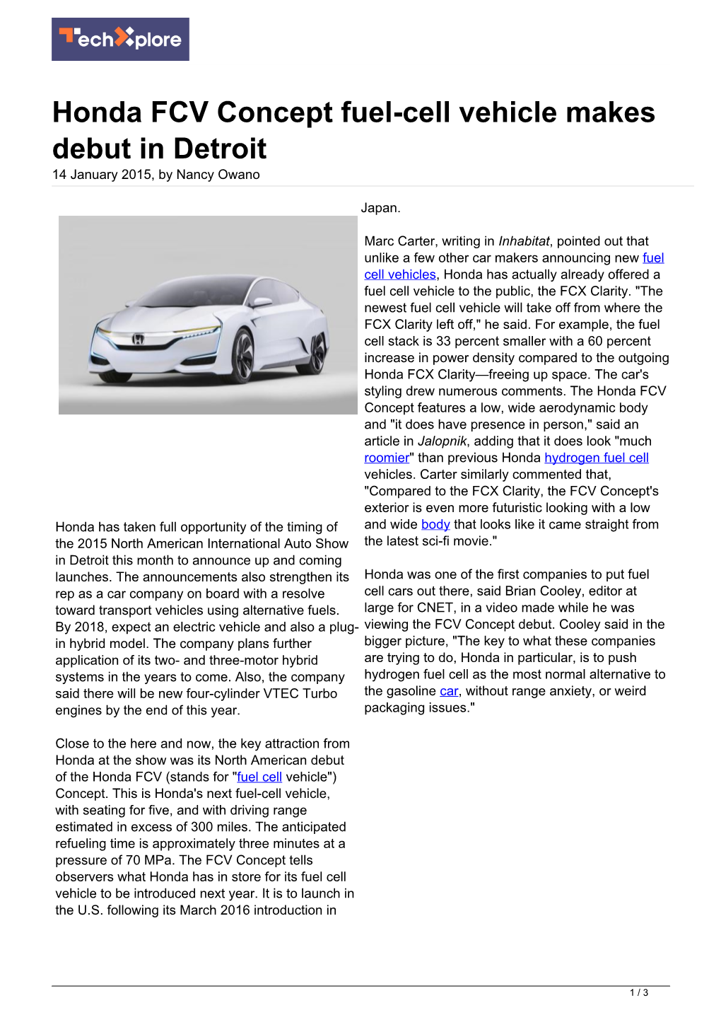 Honda FCV Concept Fuel-Cell Vehicle Makes Debut in Detroit 14 January 2015, by Nancy Owano