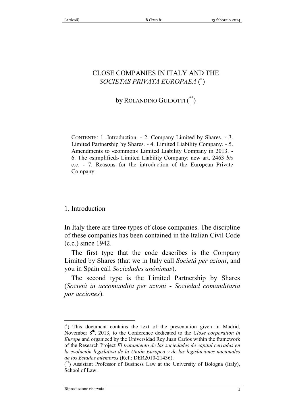 Close Companies in Italy and the Societas Privata Europaea ()
