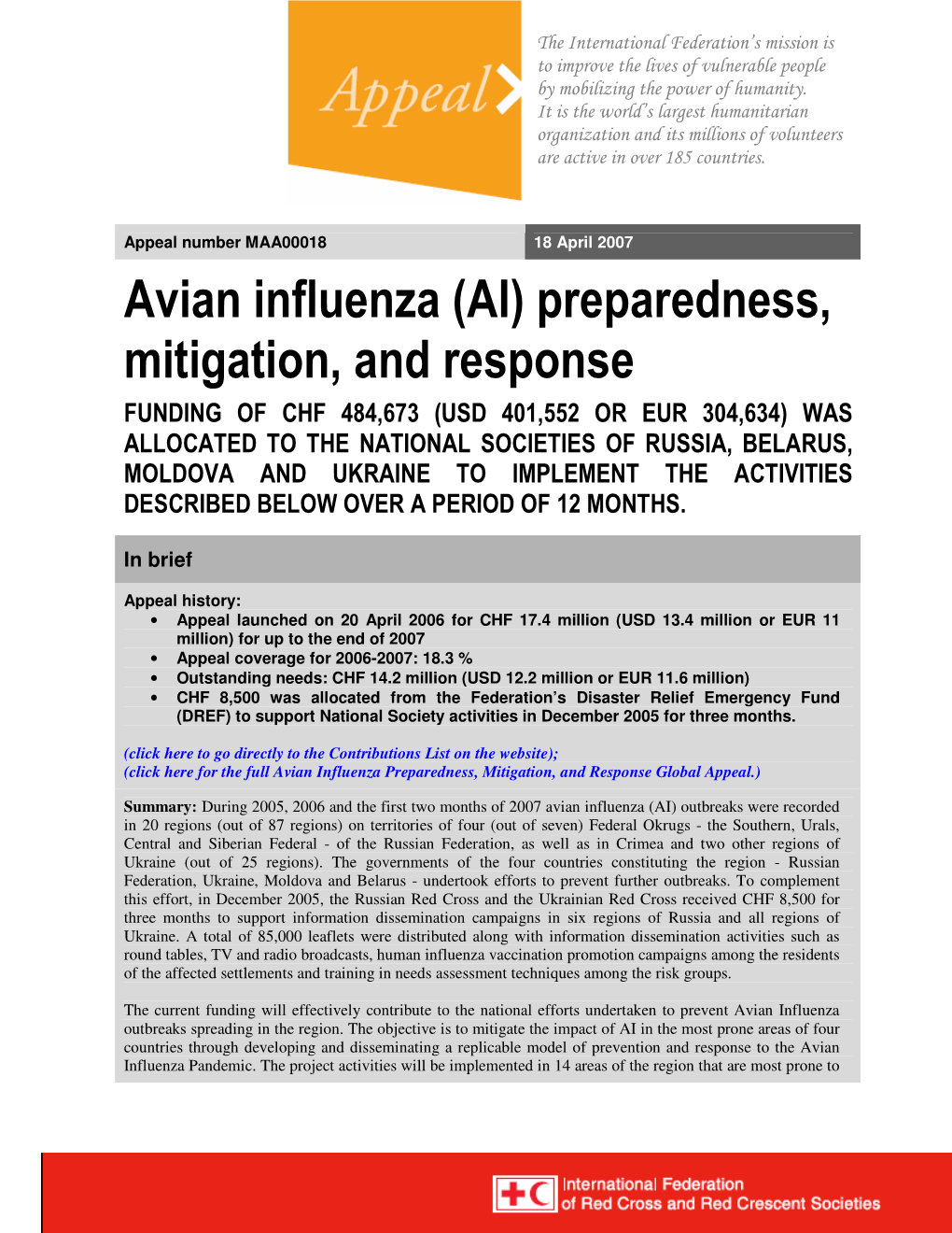 Avian Influenza (AI) Preparedness, Mitigation, and Response