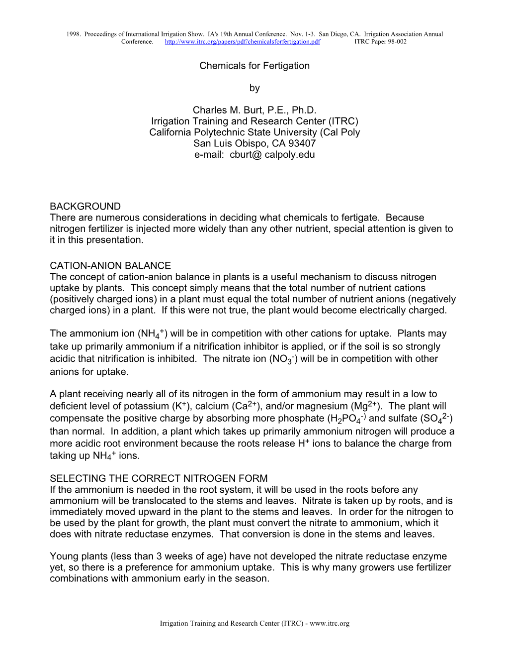 Chemicals for Fertigation by Charles M. Burt, PE, Ph.D. Irrigation Training