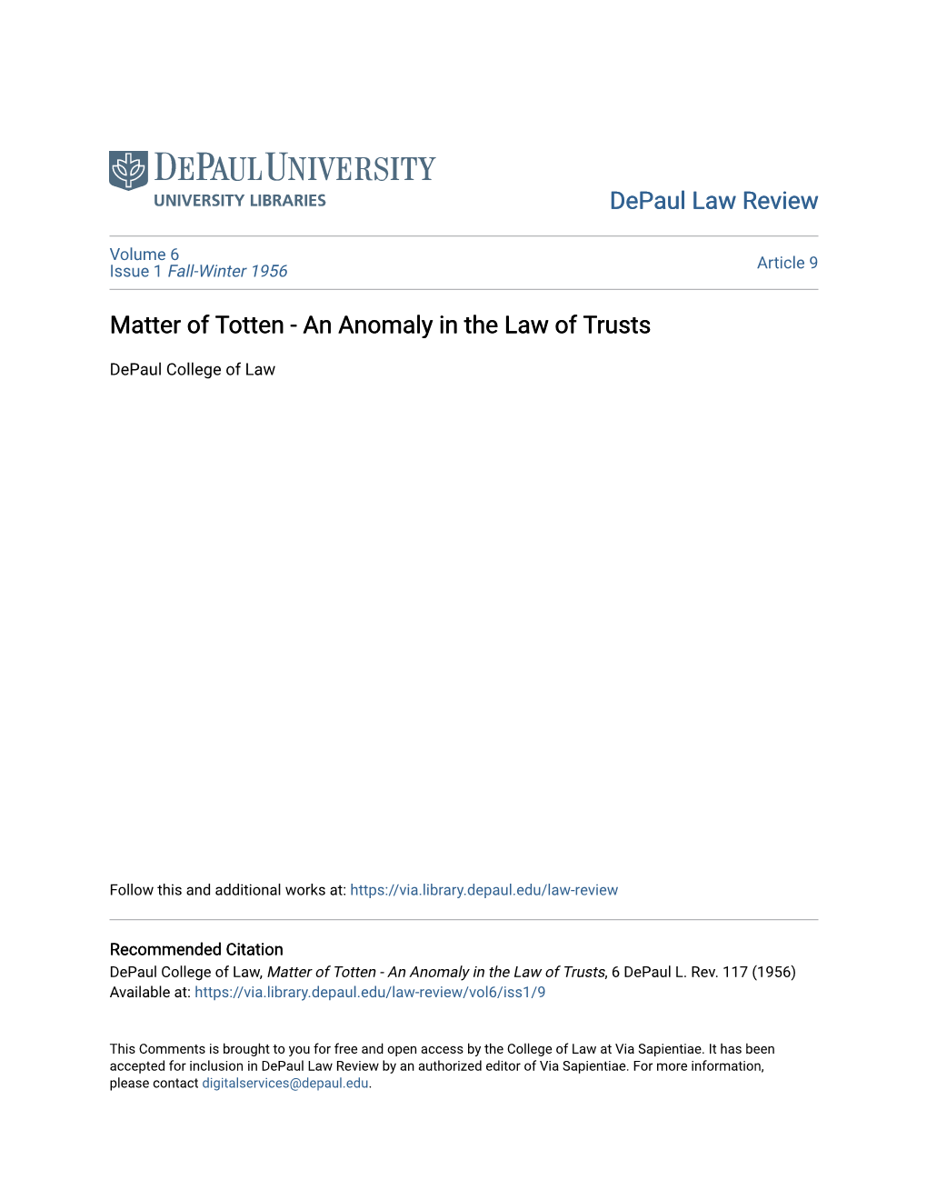 Matter of Totten - an Anomaly in the Law of Trusts