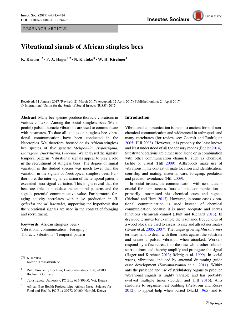 Vibrational Signals of African Stingless Bees