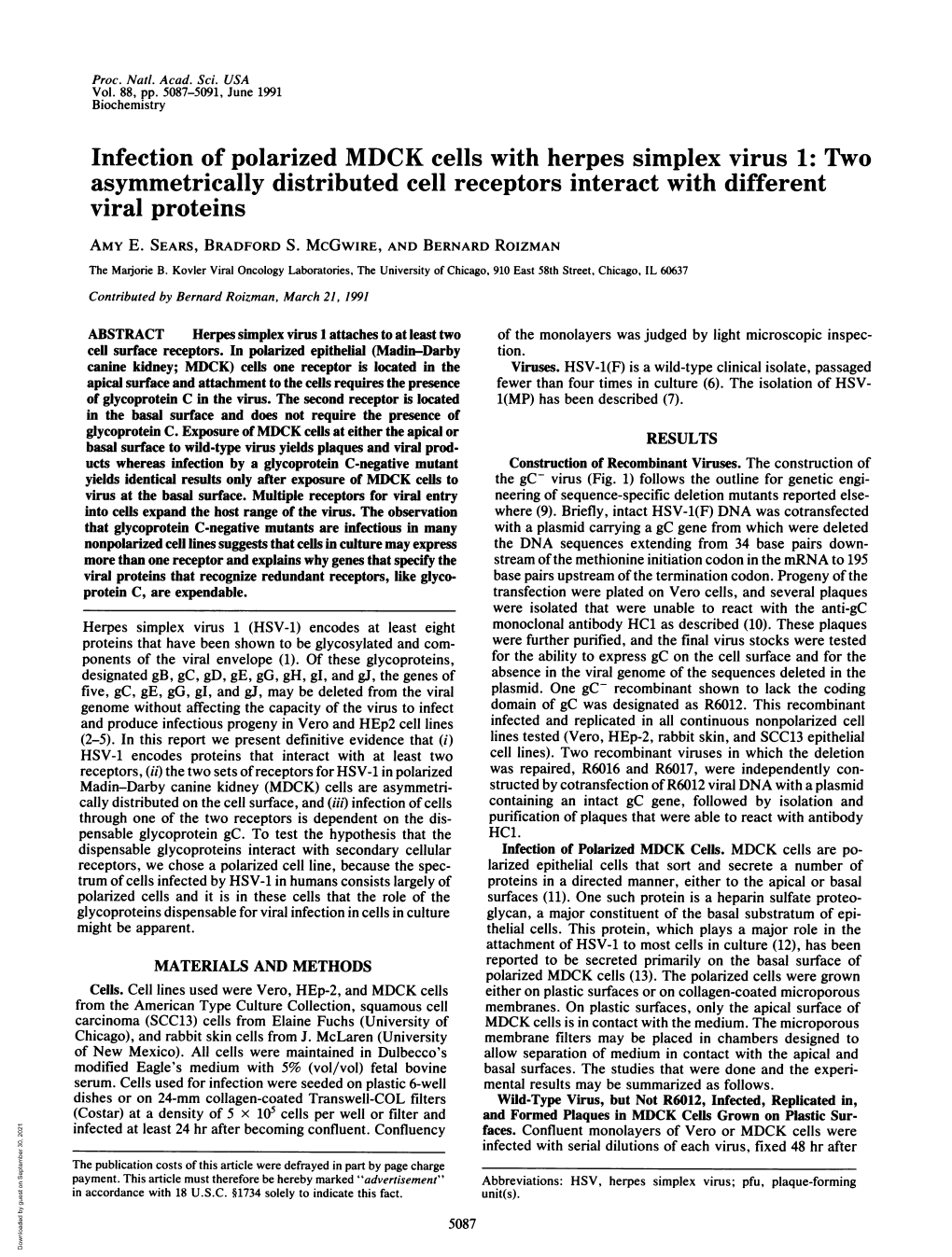 Infection of Polarized MDCK Cells with Herpes Simplex Virus 1: Two Asymmetrically Distributed Cell Receptors Interact with Different Viral Proteins AMY E