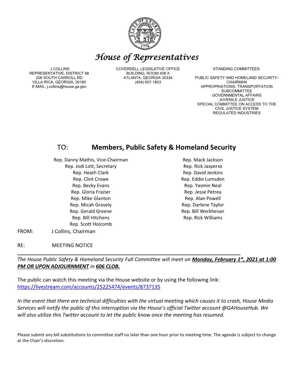House of Representatives TO: Members, Public Safety