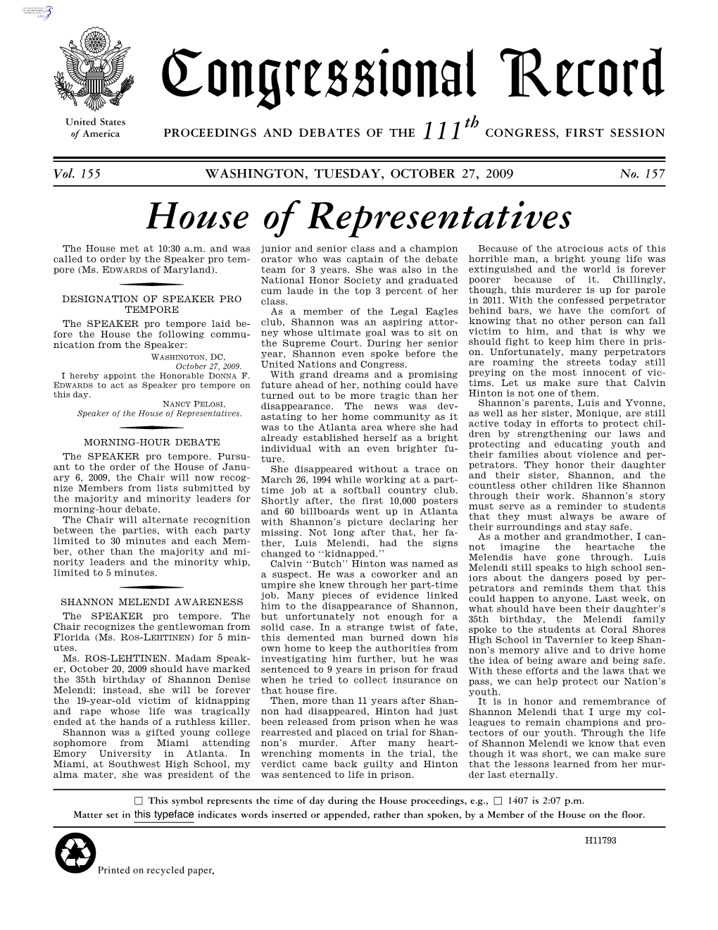 Congressional Record United States Th of America PROCEEDINGS and DEBATES of the 111 CONGRESS, FIRST SESSION