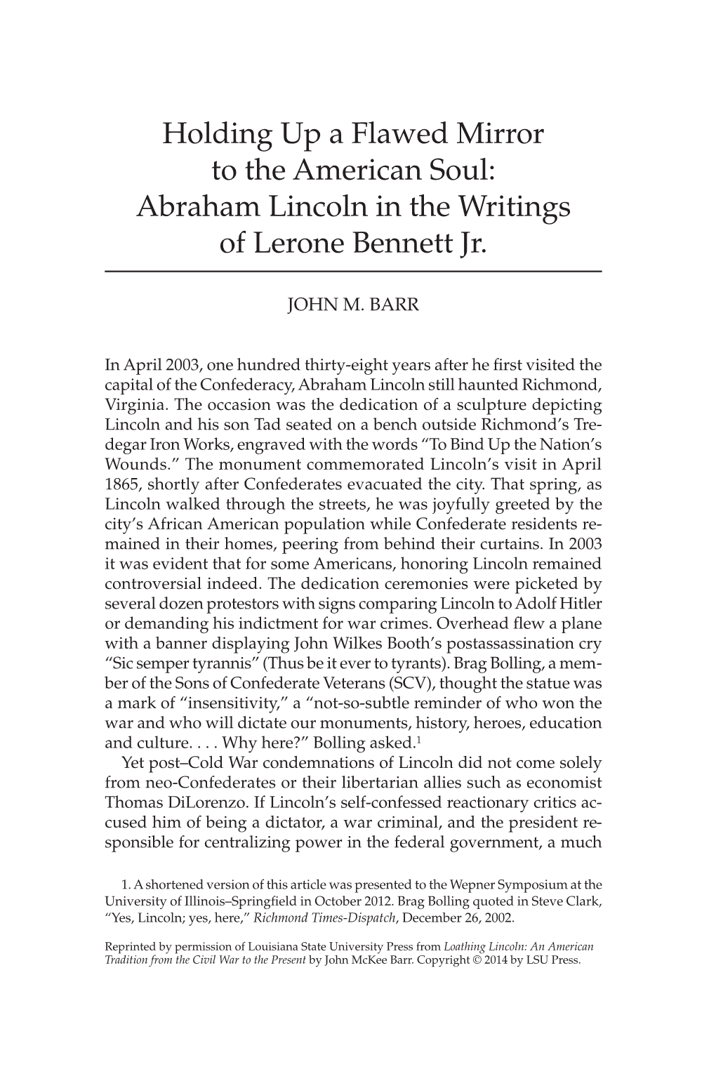 Abraham Lincoln in the Writings of Lerone Bennett Jr