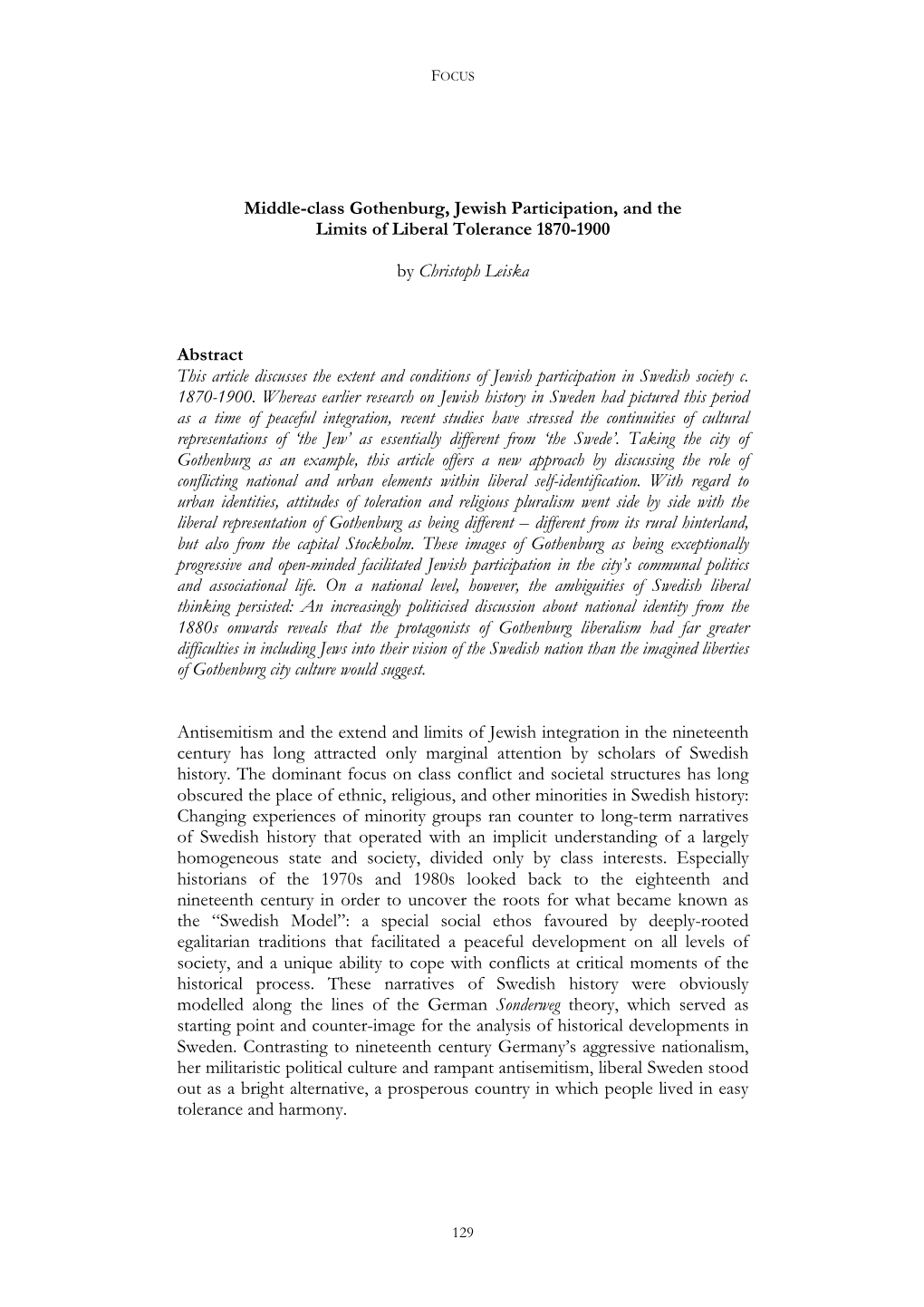 Middle-Class Gothenburg, Jewish Participation, and the Limits of Liberal Tolerance 1870-1900