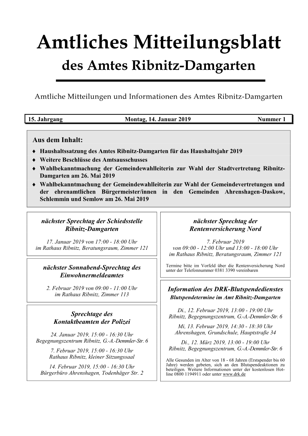 Amtliches Mitteilungsblatt Des Amtes Ribnitz-Damgarten