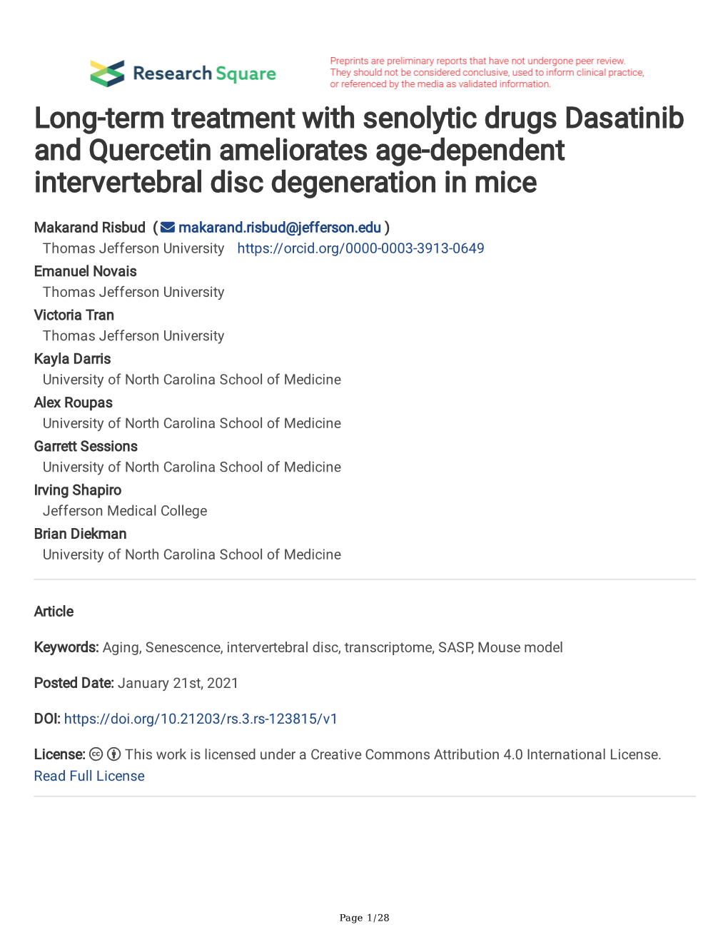 Long-Term Treatment with Senolytic Drugs Dasatinib and Quercetin Ameliorates Age-Dependent Intervertebral Disc Degeneration in Mice