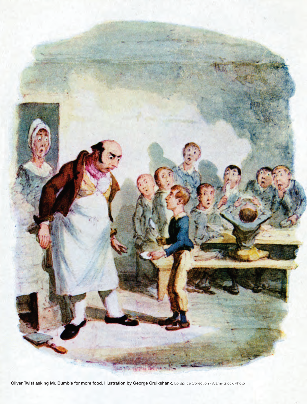 Oliver Twist Asking Mr. Bumble for More Food. Illustration by George Cruikshank
