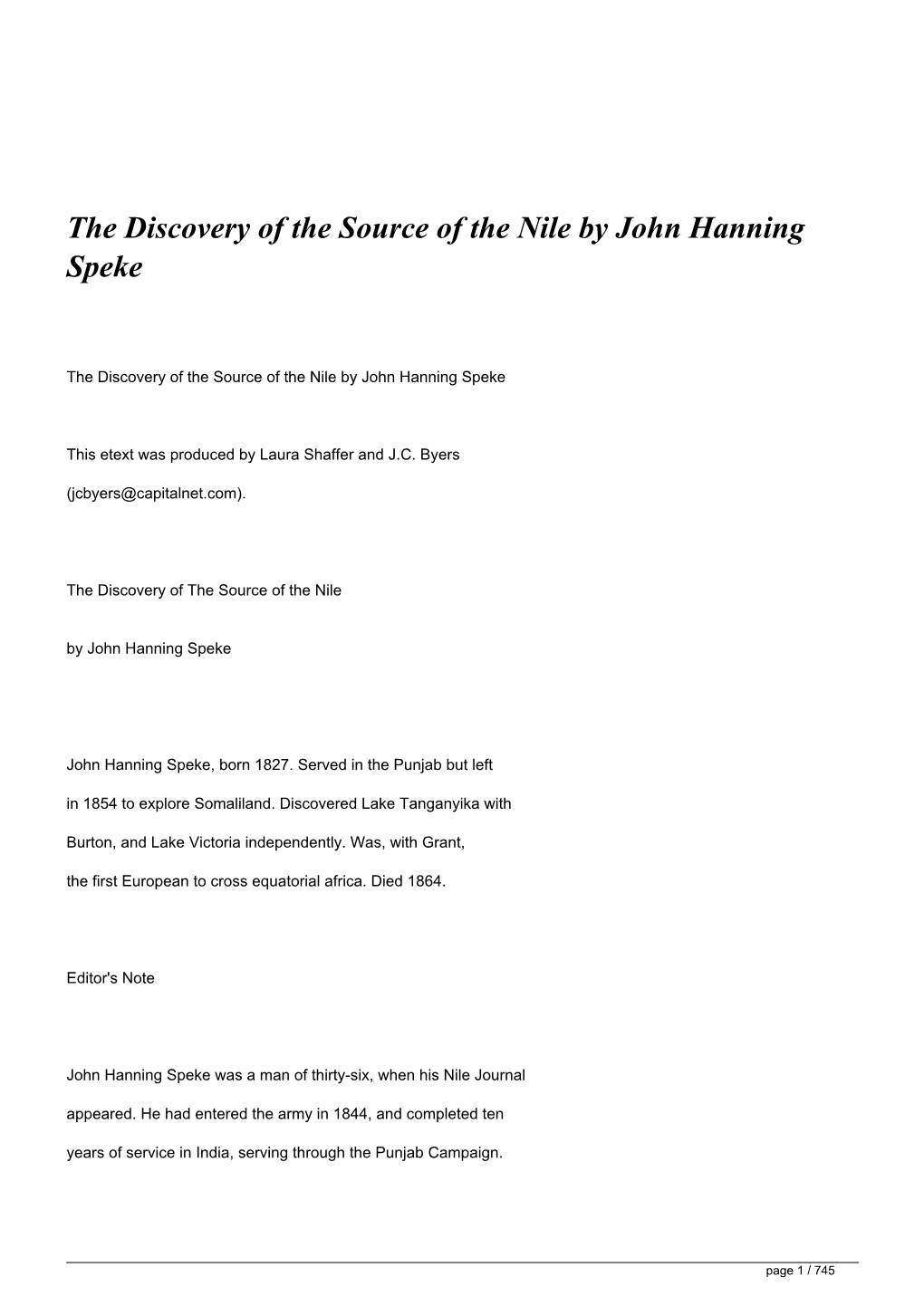 The Discovery of the Source of the Nile by John Hanning Speke&lt;/H1&gt;