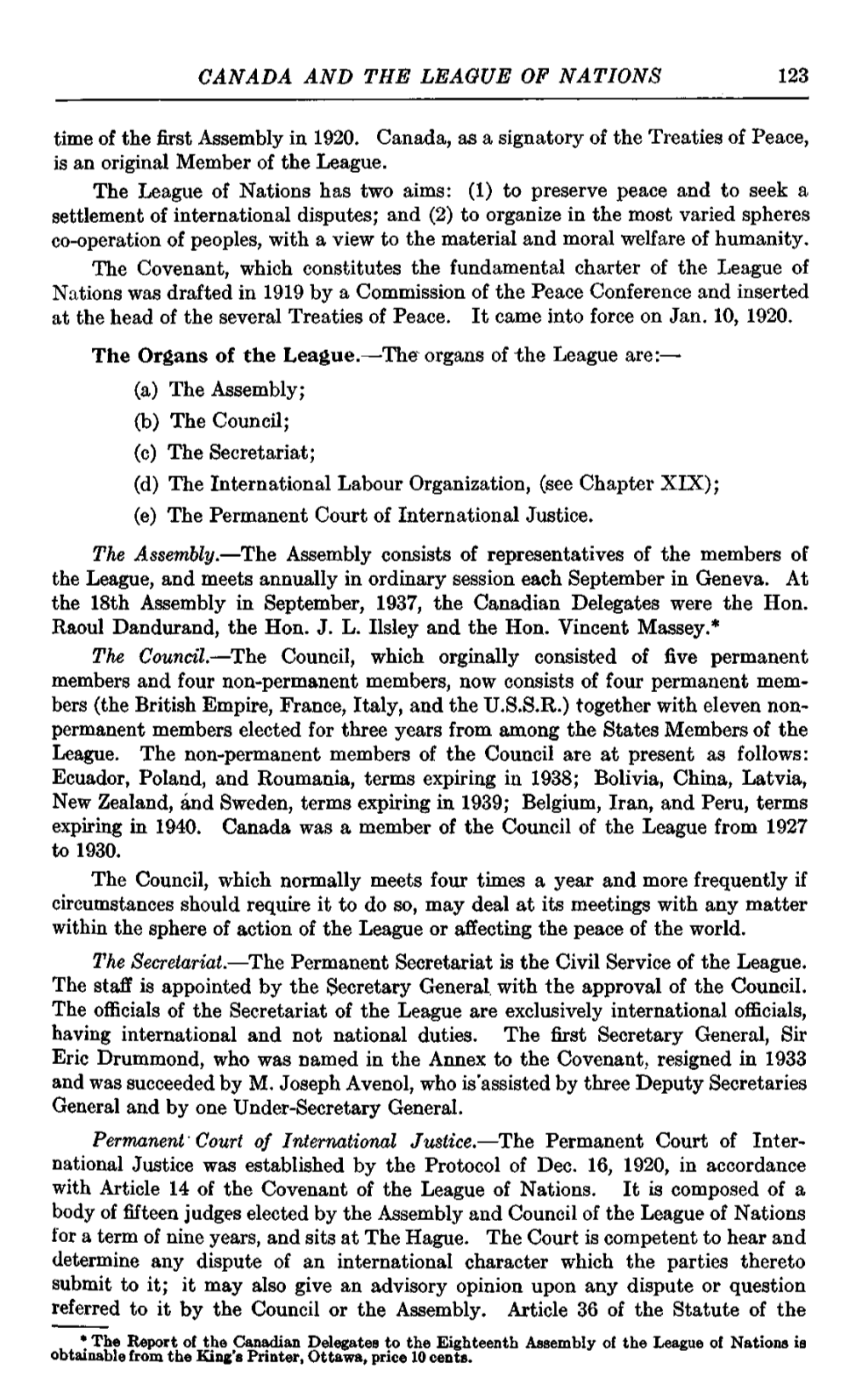 CANADA and the LEAGUE of NATIONS 123 Time of the First