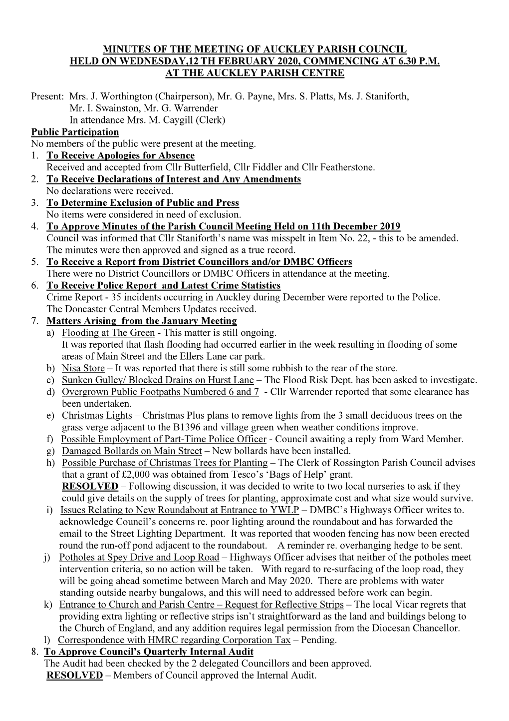 Minutes of the Meeting of Auckley Parish Council