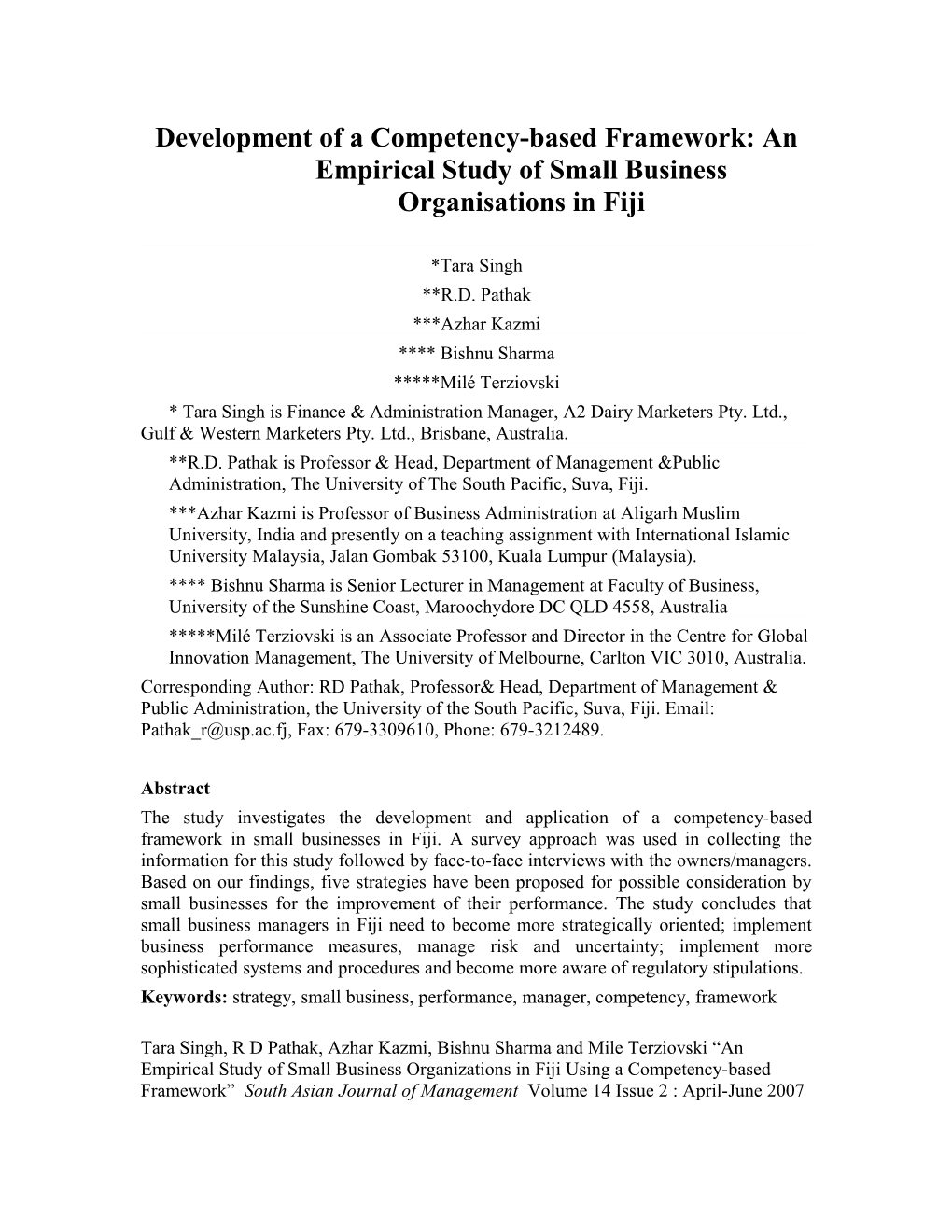 Development of a Competency-Based Framework: an Empirical Study of Small Business Organisations