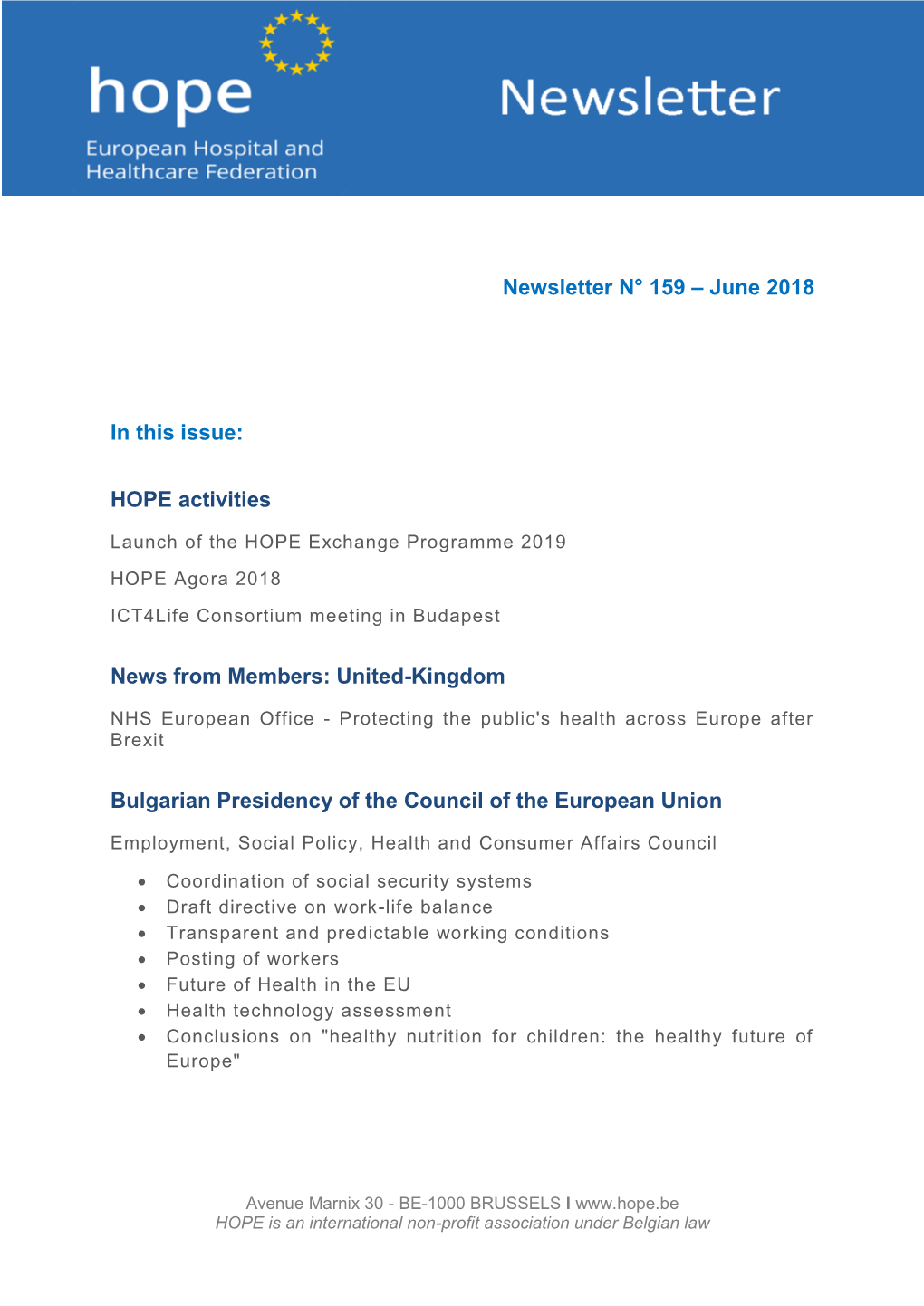 8 Newsletter N° 159 – June 2018 in This Issue: HOPE Activities News
