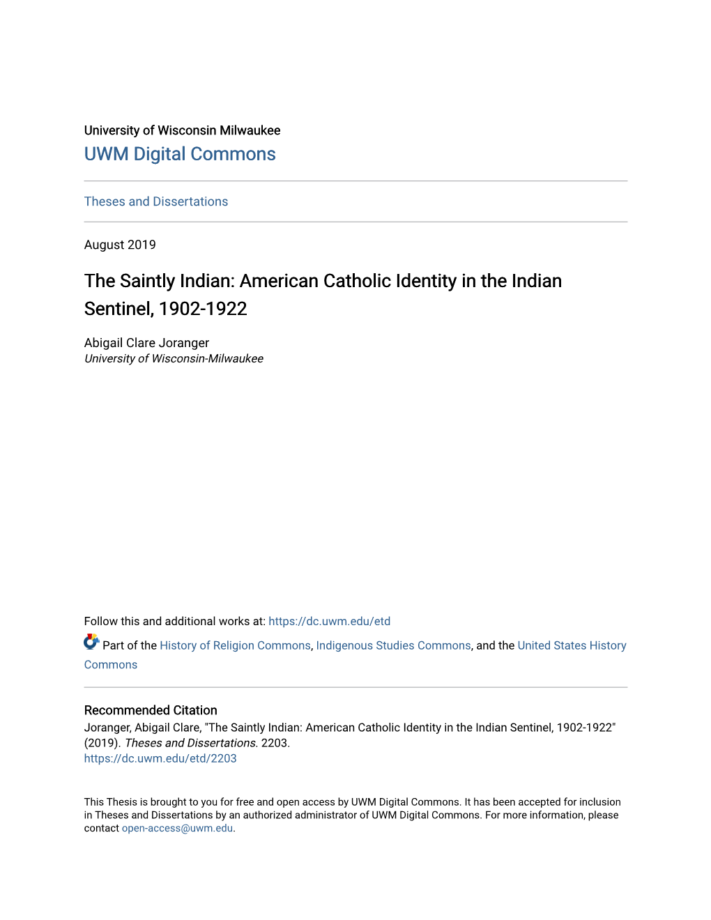 American Catholic Identity in the Indian Sentinel, 1902-1922