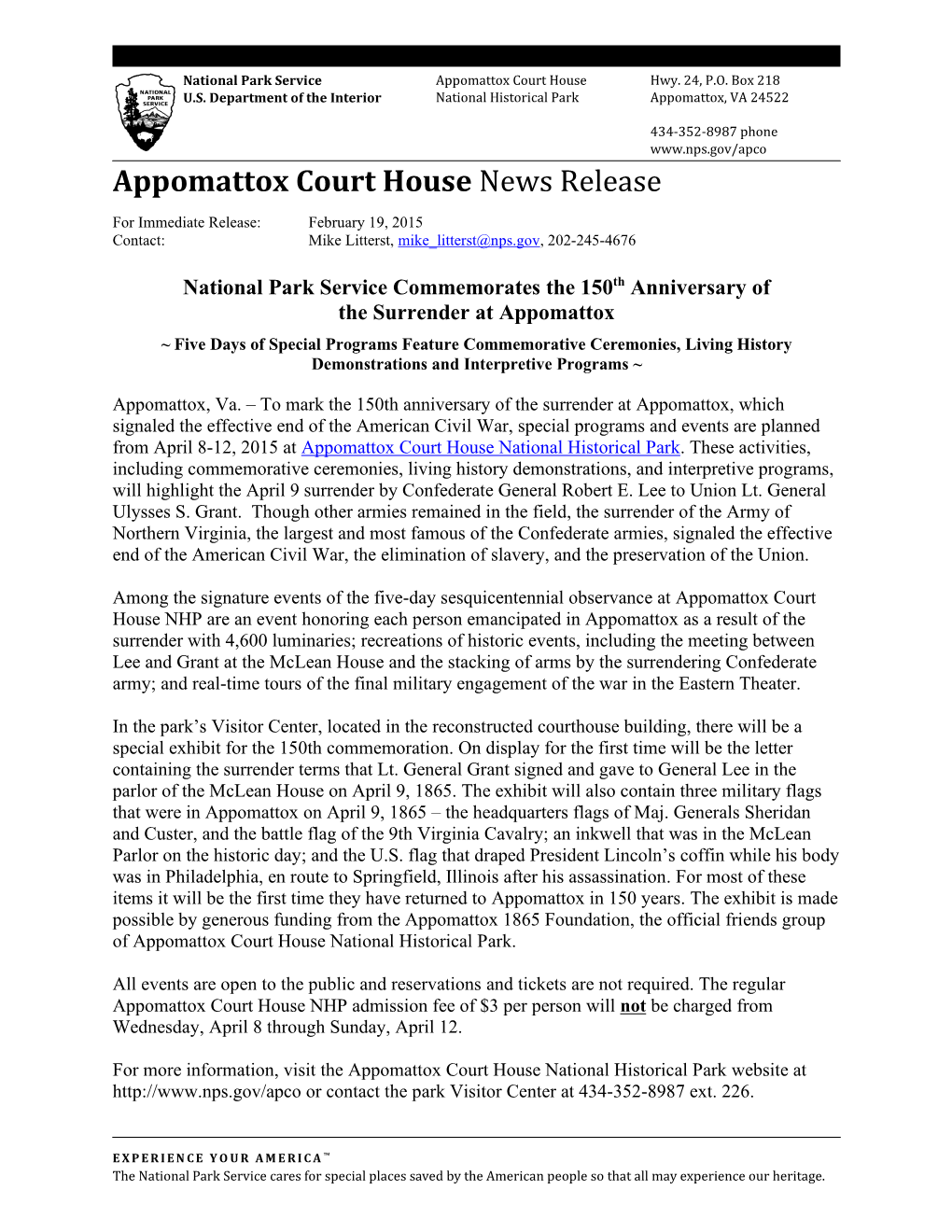 Appomattox Court House News Release