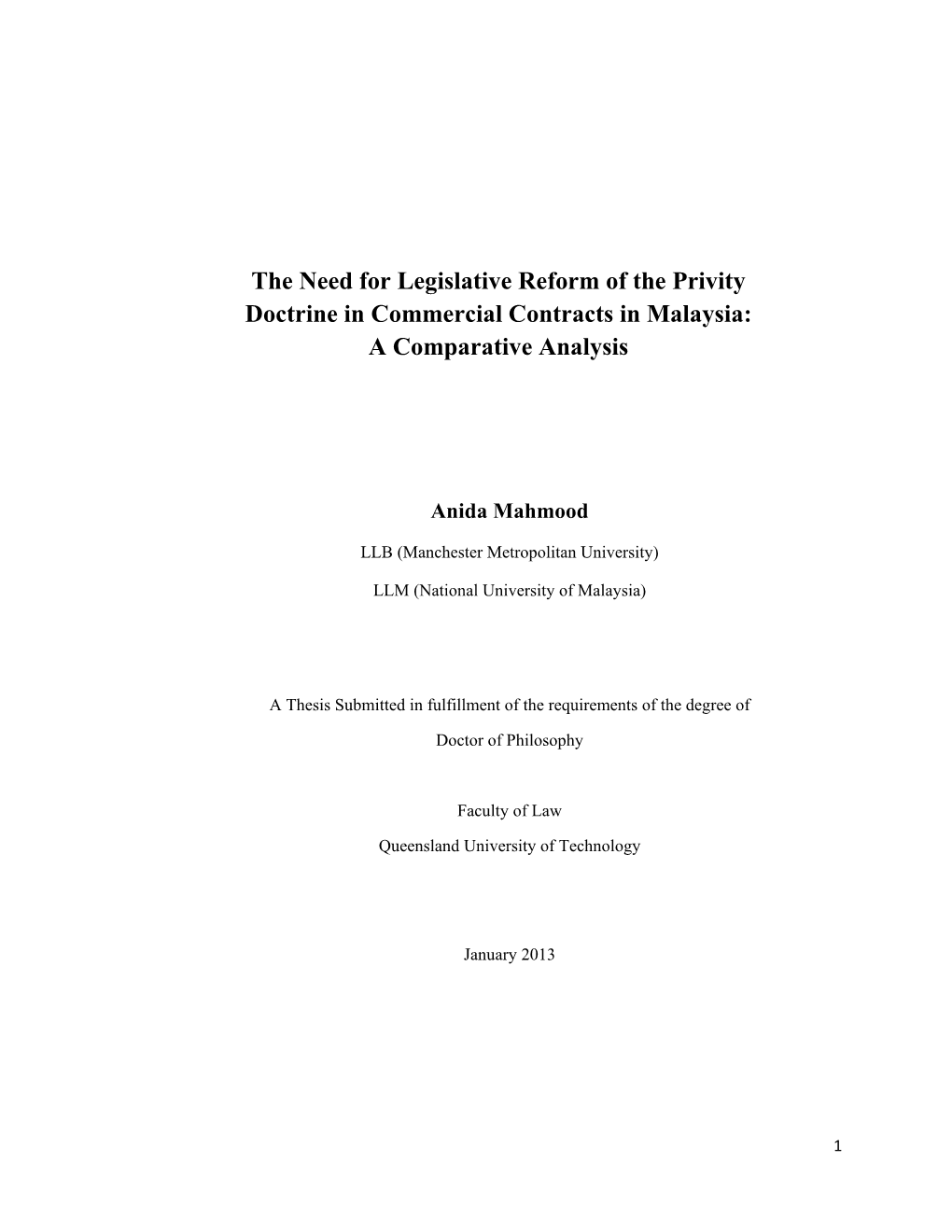 The Need for Legislative Reform of the Privity Doctrine in Commercial Contracts in Malaysia: a Comparative Analysis